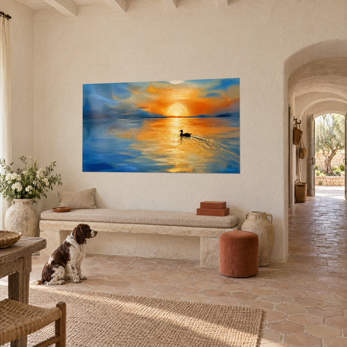 Gemälde Orangefarbener Sonnenuntergang verschwimmt in einem blauen Himmel, Kielwasser der Ente auf dem Wasser, sitzender Spaniel, Steinbank