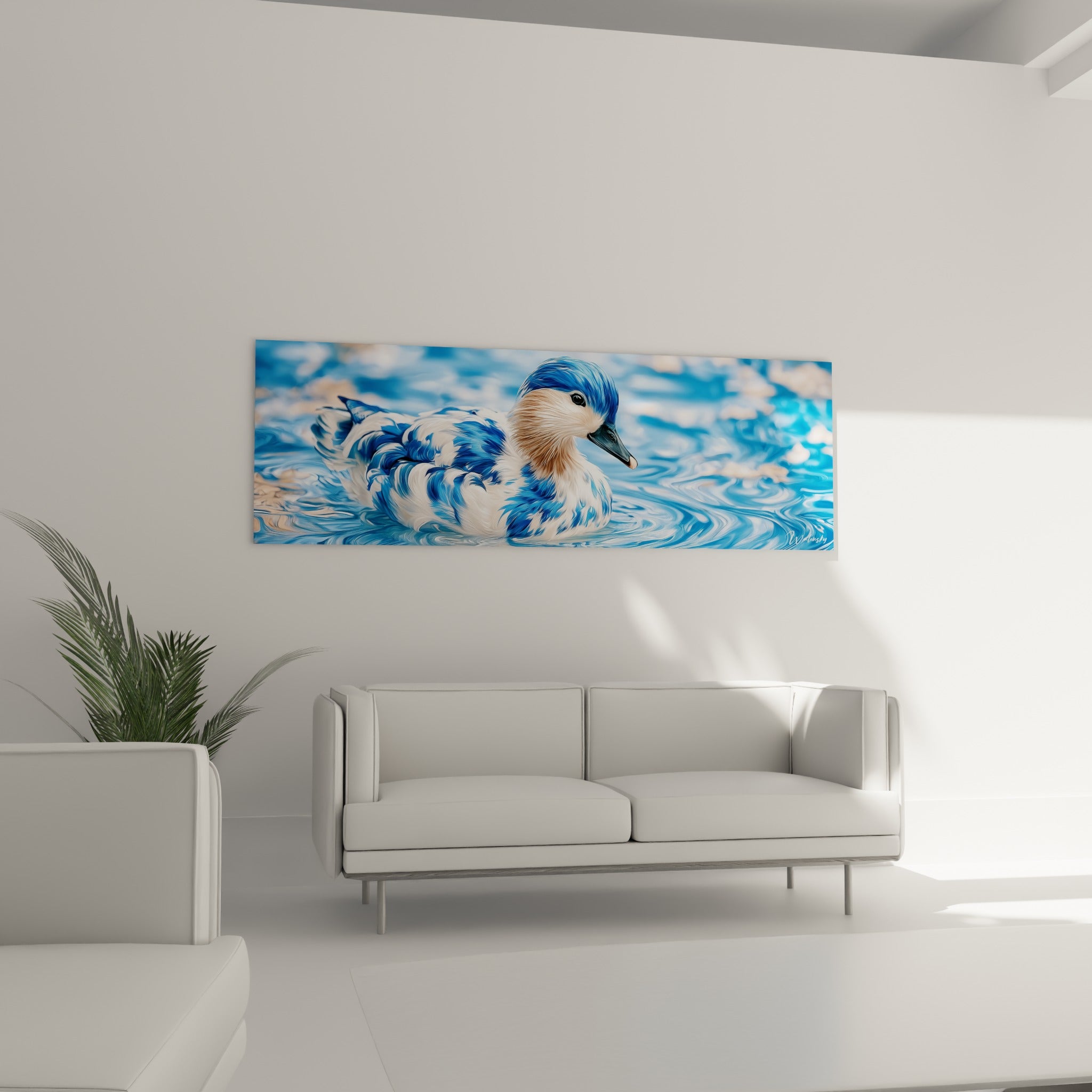 Canard blanc et bleu glissant sur l'eau, accroché au-dessus d'un canapé dans un salon lumineux