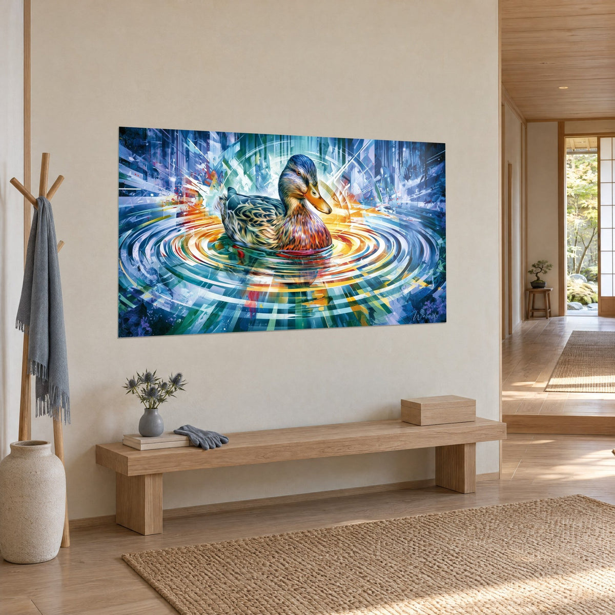 Quadro di anatra dal piumaggio screziato rame e verde, cerchi d'acqua turchesi e gialli, appeso di tre quarti sopra una panca di legno