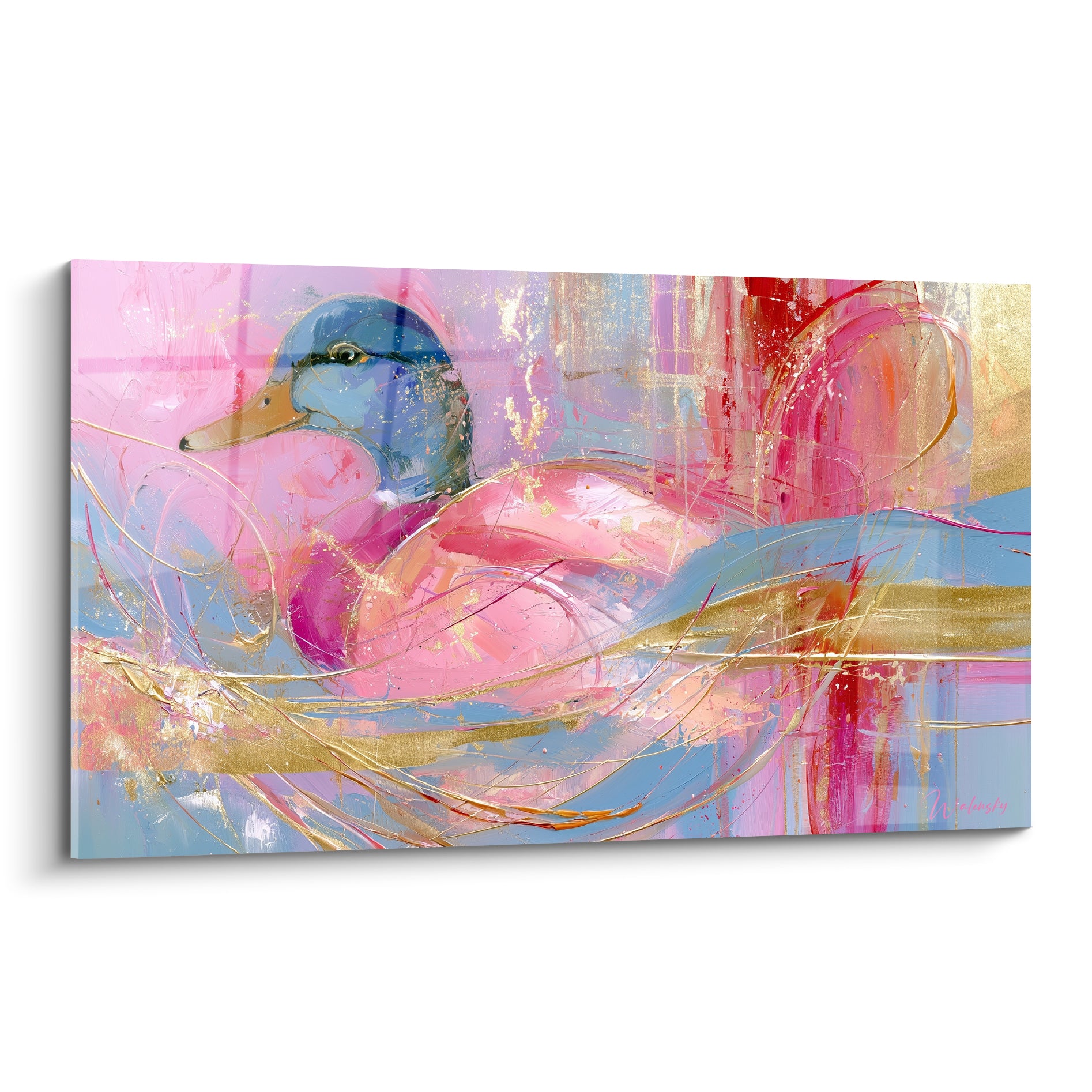 Canard à tête bleu marine et corps rose fuchsia, filaments dorés traversant la toile peinte