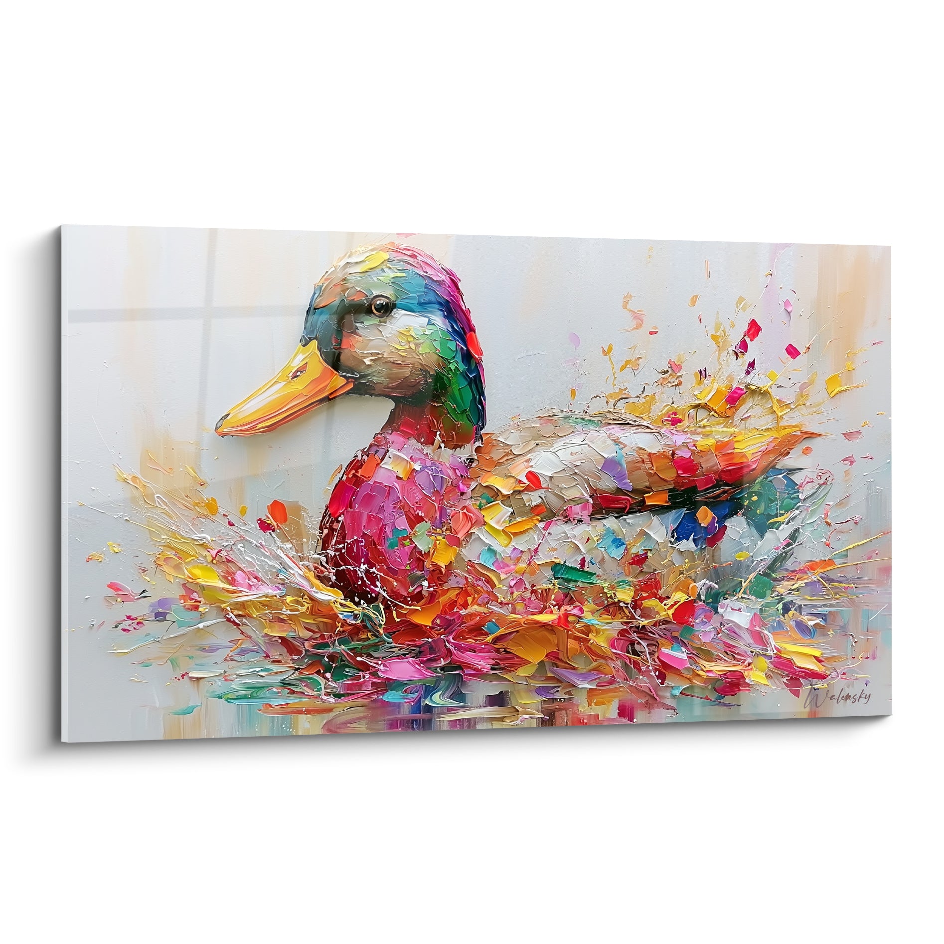 Canard au plumage rose, doré et turquoise, éclaboussures de peinture épaisse sur fond clair