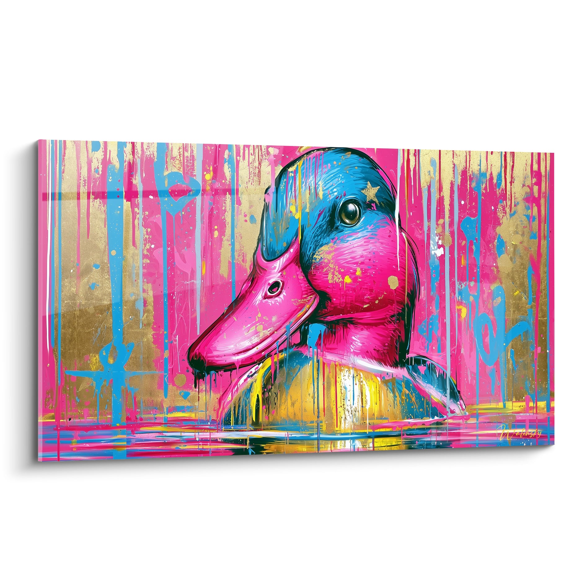 Canard rose fuchsia et bleu marine, bec démesuré, coulures dorées sur fond éclaboussé