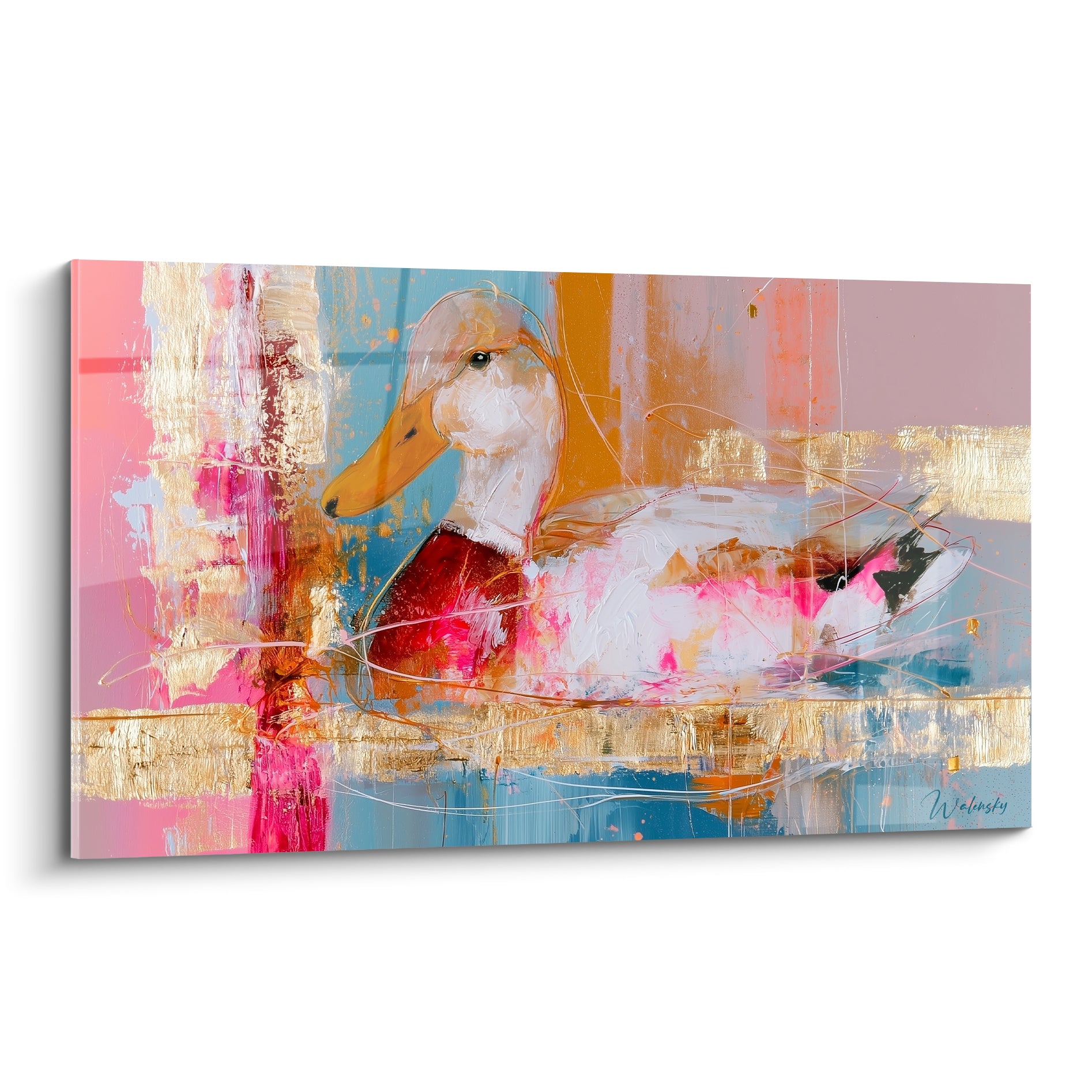 Canard blanc au plumage rosé, bec orangé, entouré de bandes dorées et bleu pétrole
