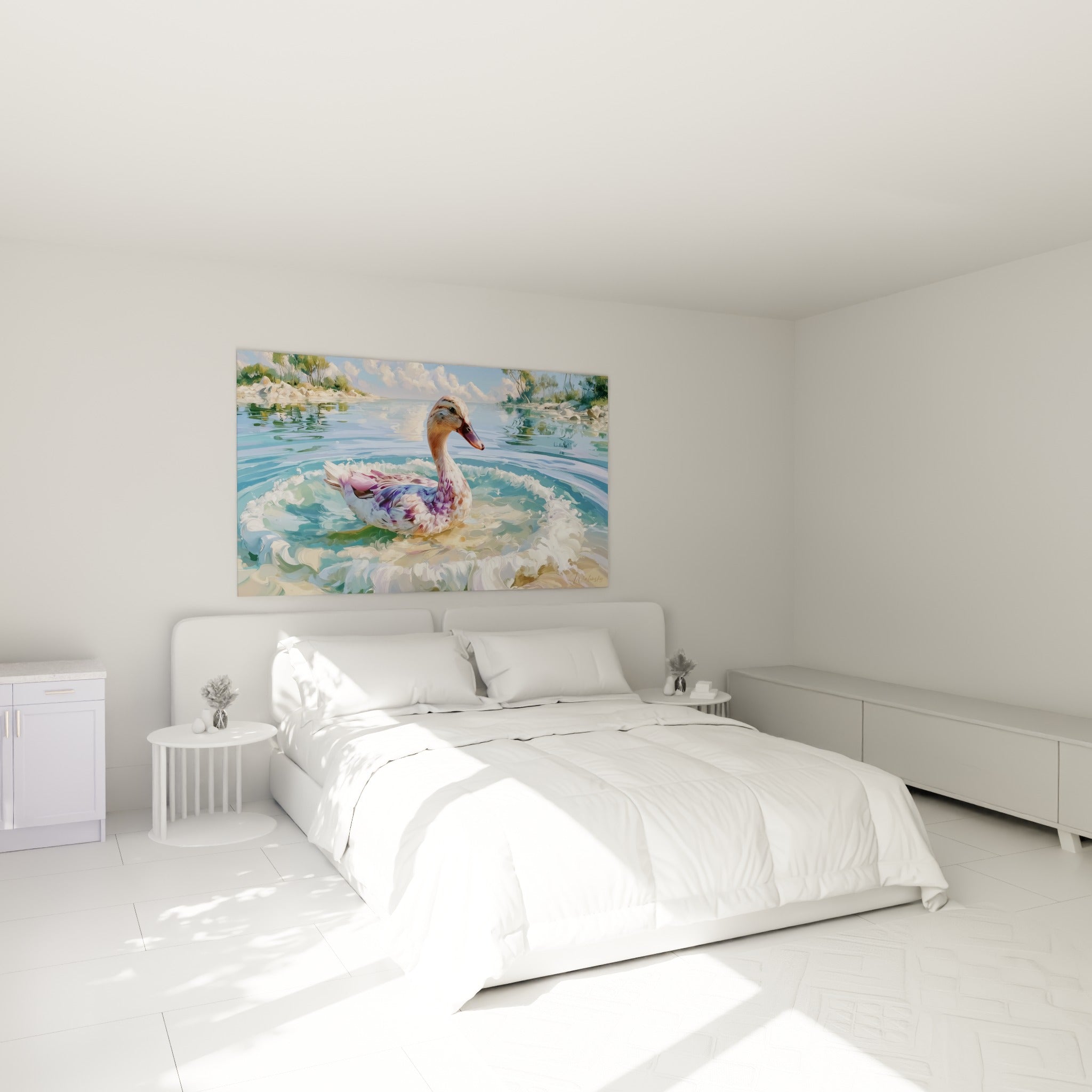 Canard rose et ocre glissant sur l'eau, accroché au-dessus d'un lit dans une chambre claire