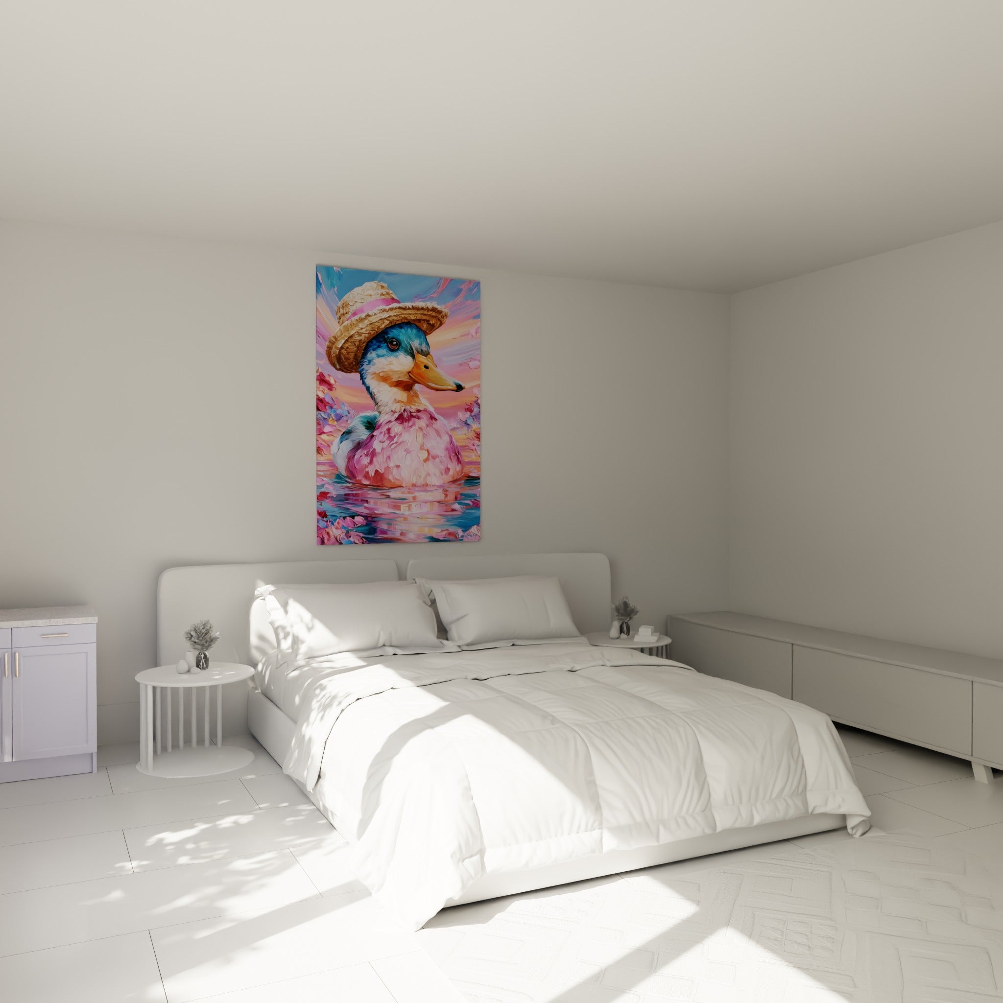 Canard au chapeau de paille et plumage rose poudré au-dessus d'un lit dans une chambre claire