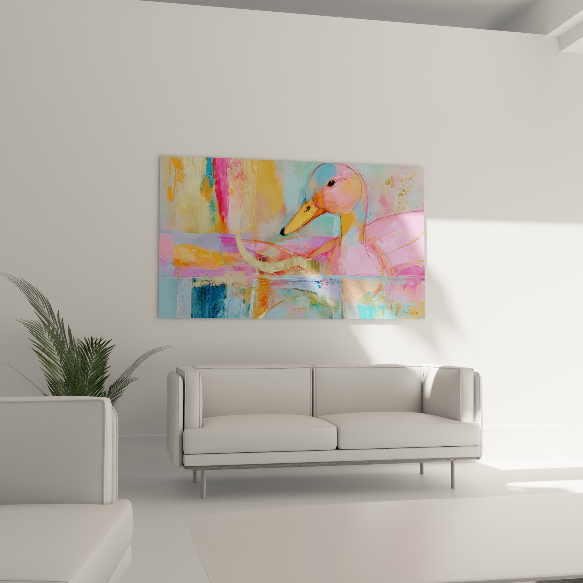 Canard rose poudré et doré, composition abstraite au-dessus d'un canapé dans un salon lumineux