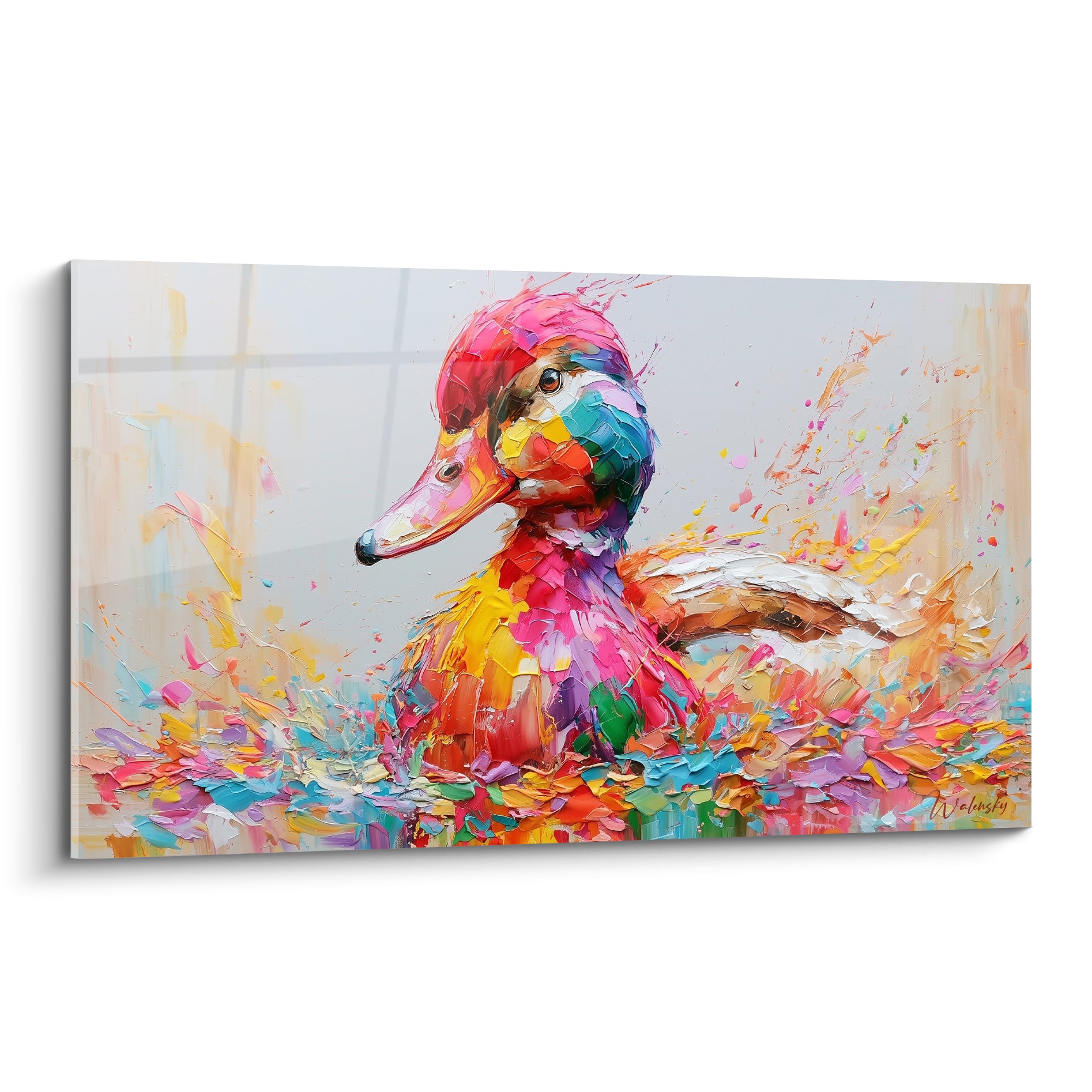 Canard rose fuchsia et turquoise, plumage en empâtements colorés sur fond gris clair