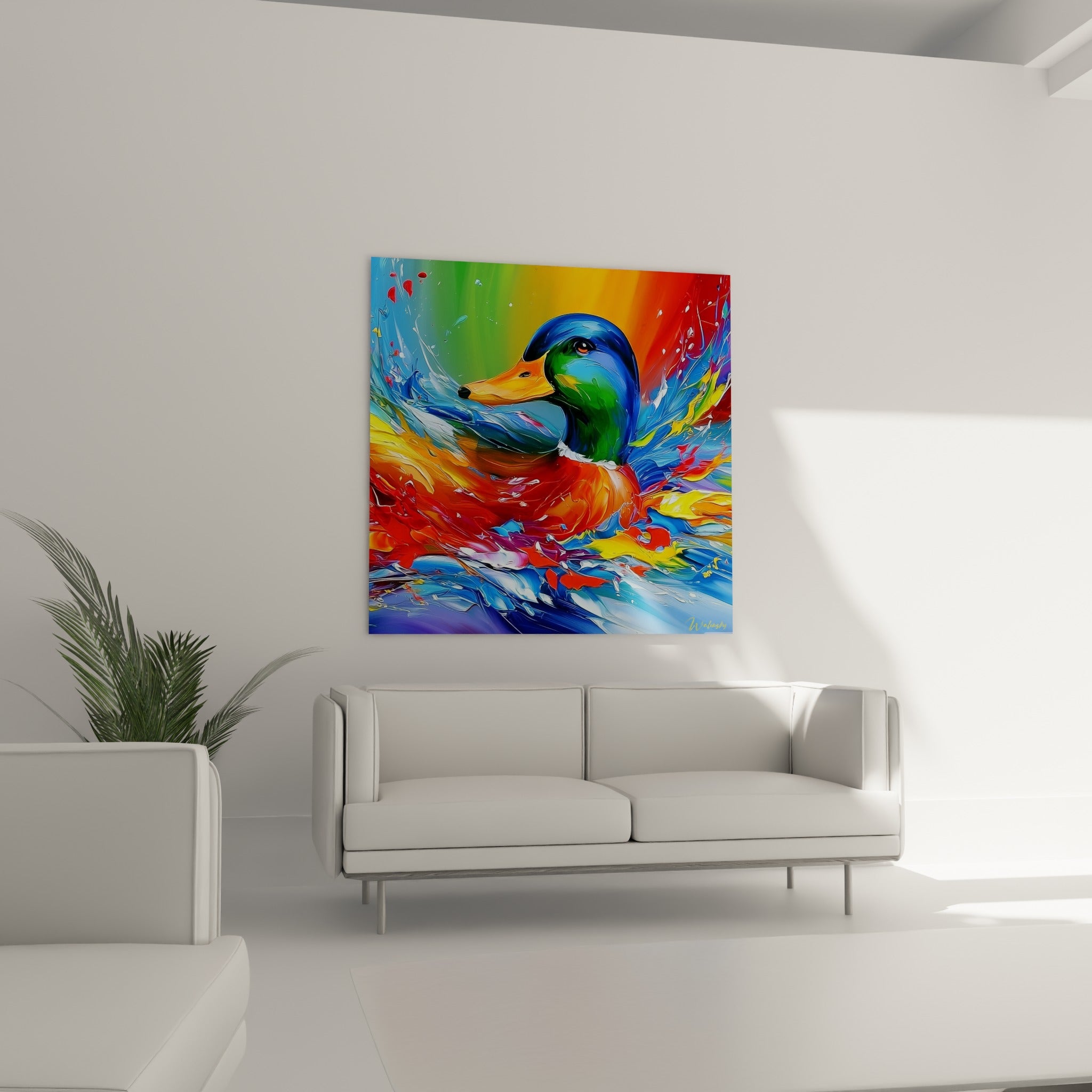 Canard colvert coloré aux éclats bleu turquoise et rouge accroché au-dessus d'un canapé dans un salon lumineux