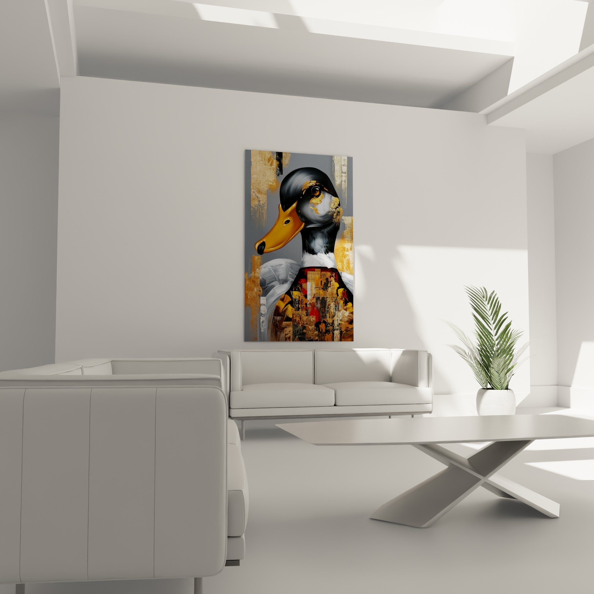 Profil de canard aux reflets dorés et rouges positionné au-dessus d'un canapé dans un salon lumineux