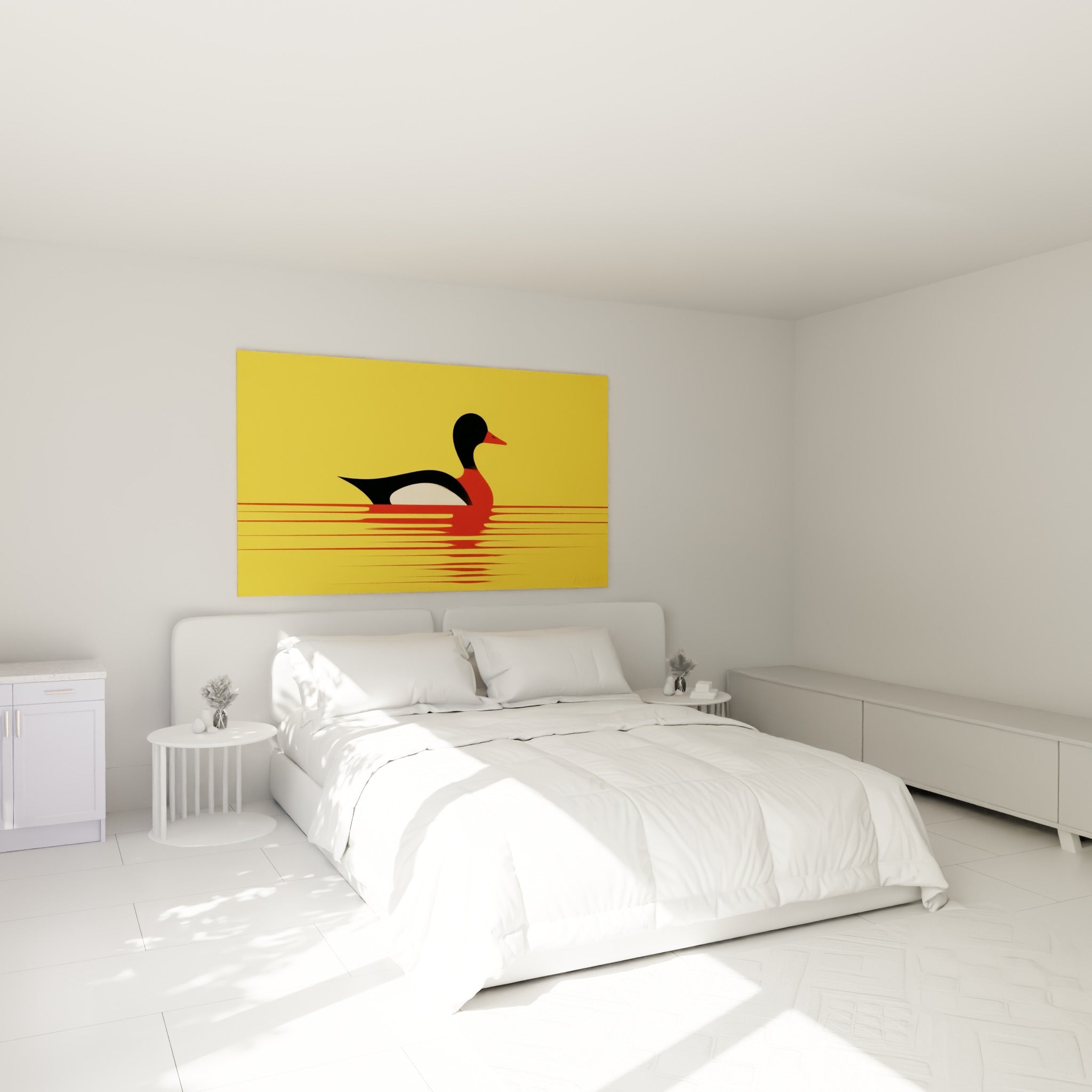 Canard noir et rouge glissant sur une eau dorée, au-dessus d'un lit dans une chambre claire
