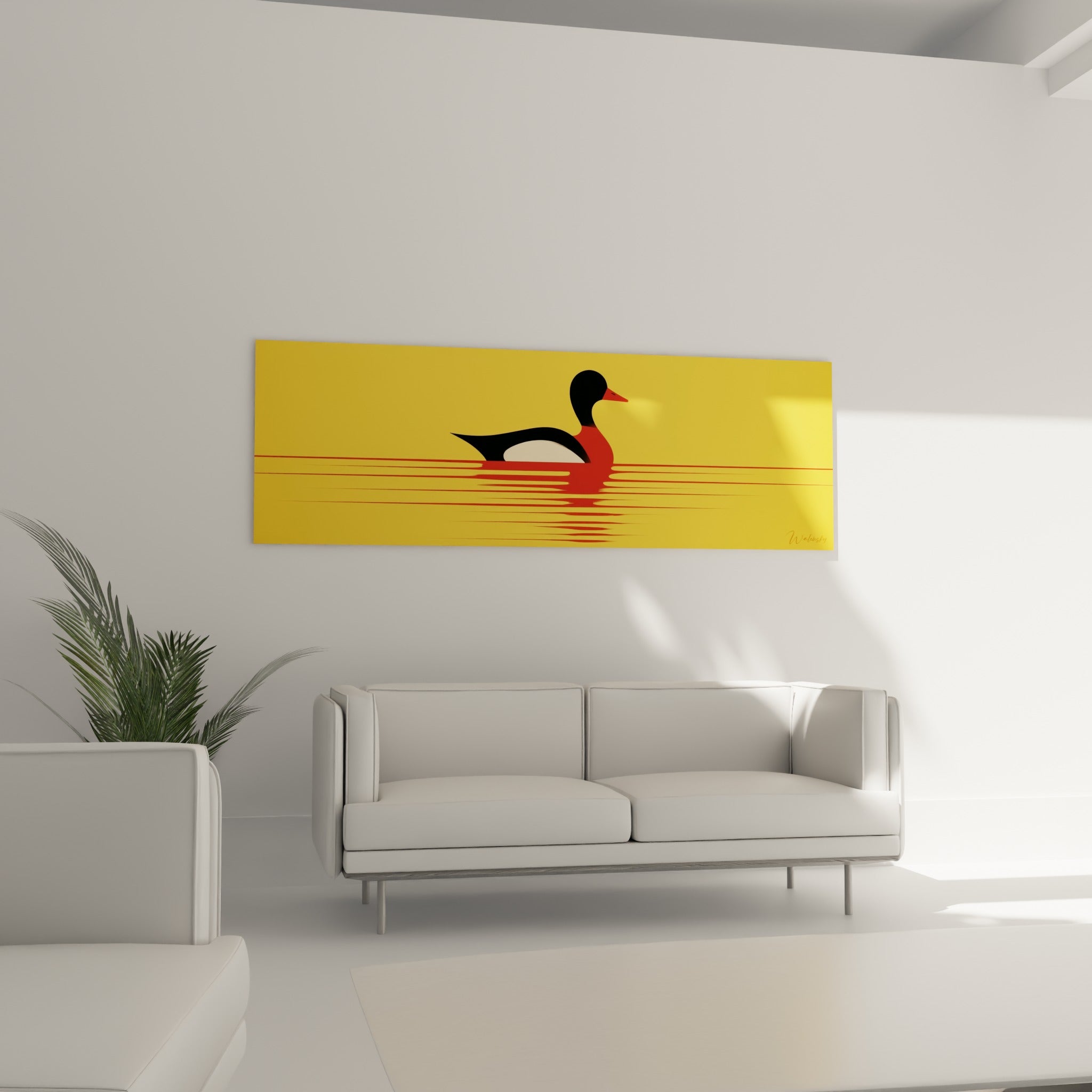 Oiseau stylisé aux tons rouge et crème sur jaune doré, disposé au-dessus d'un canapé dans un salon lumineux.