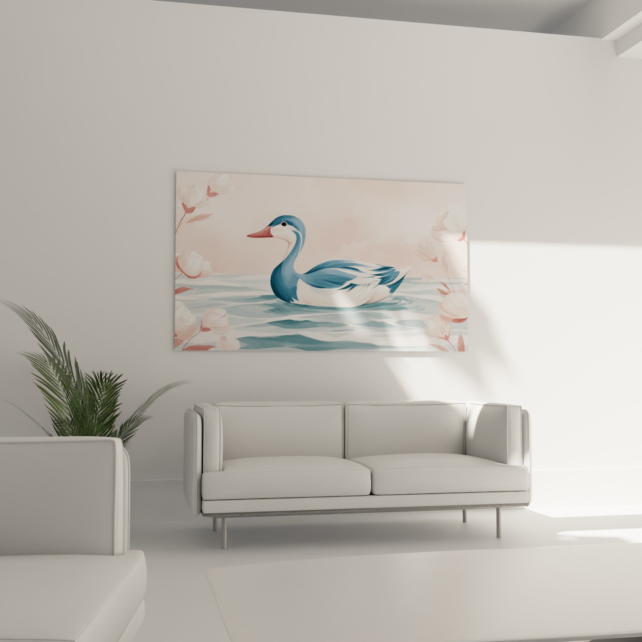Eau bleutée et bec orangé du canard composent la toile, au-dessus d'un canapé dans un salon lumineux.