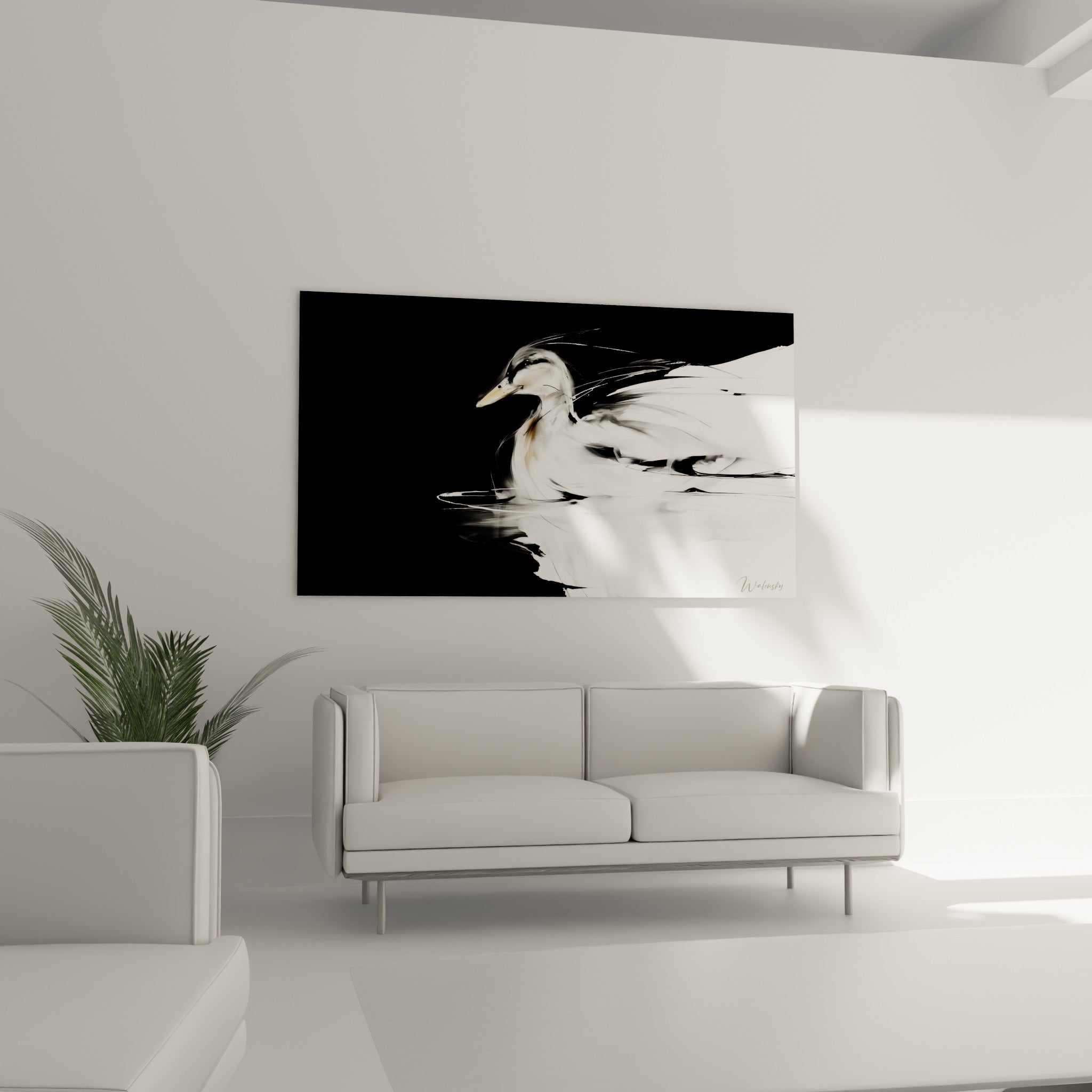Oiseau aquatique blanc anthracite au-dessus d'un canapé dans un salon lumineux