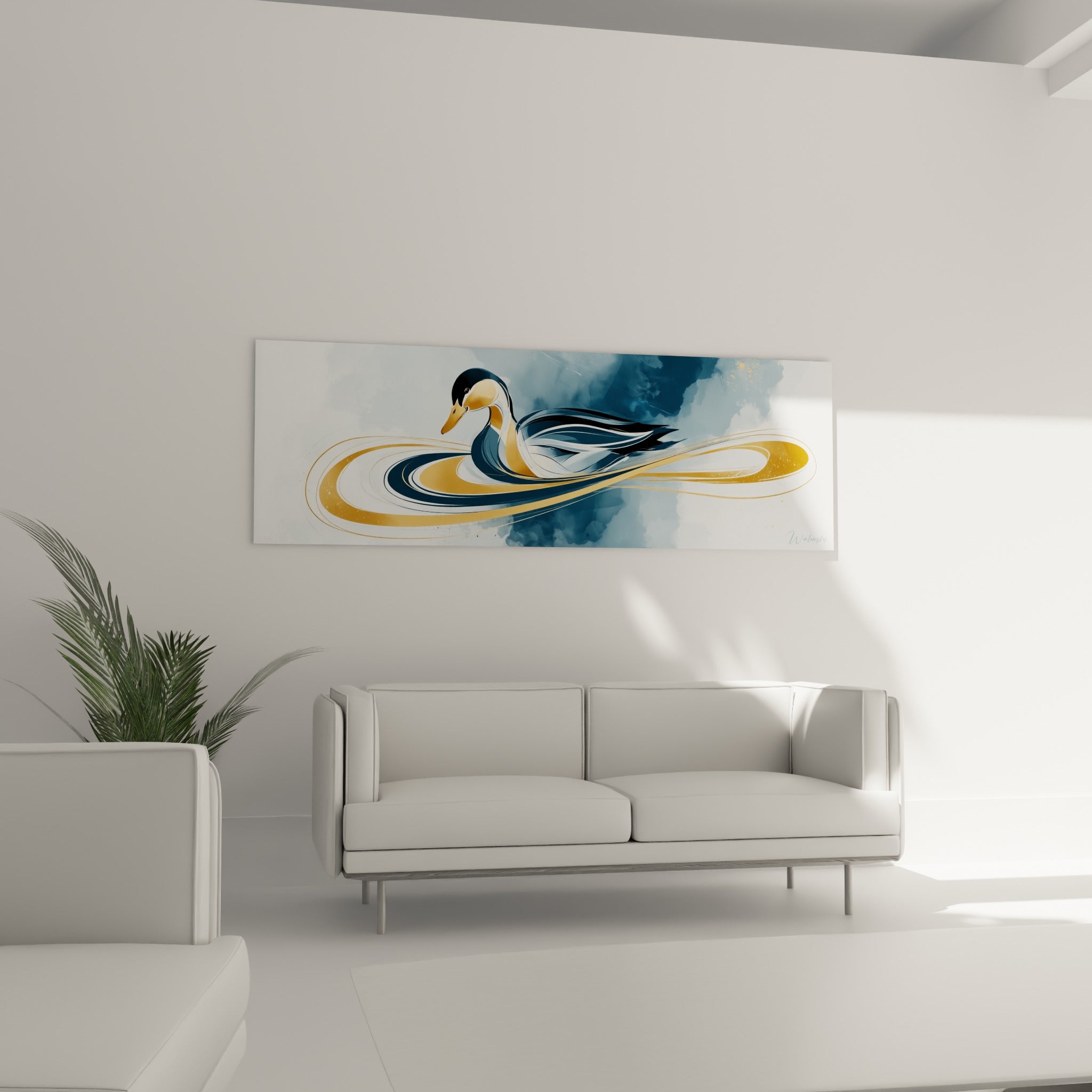 Silhouette de canard ocre et bleu nuit accrochée au-dessus d'un canapé dans un salon lumineux