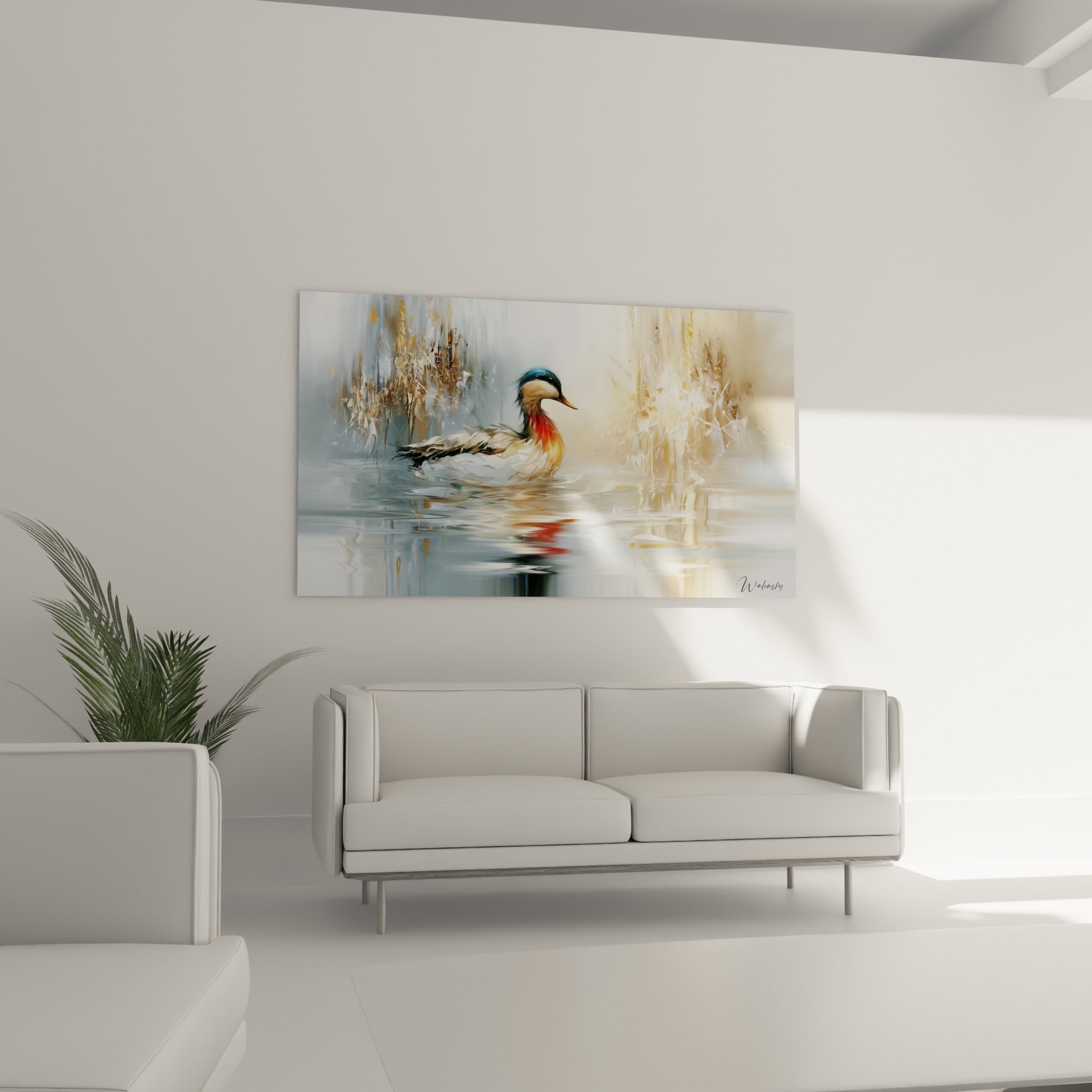 Silhouette de canard blanc et bleu marine flottant, disposée au-dessus d'un canapé dans un salon lumineux