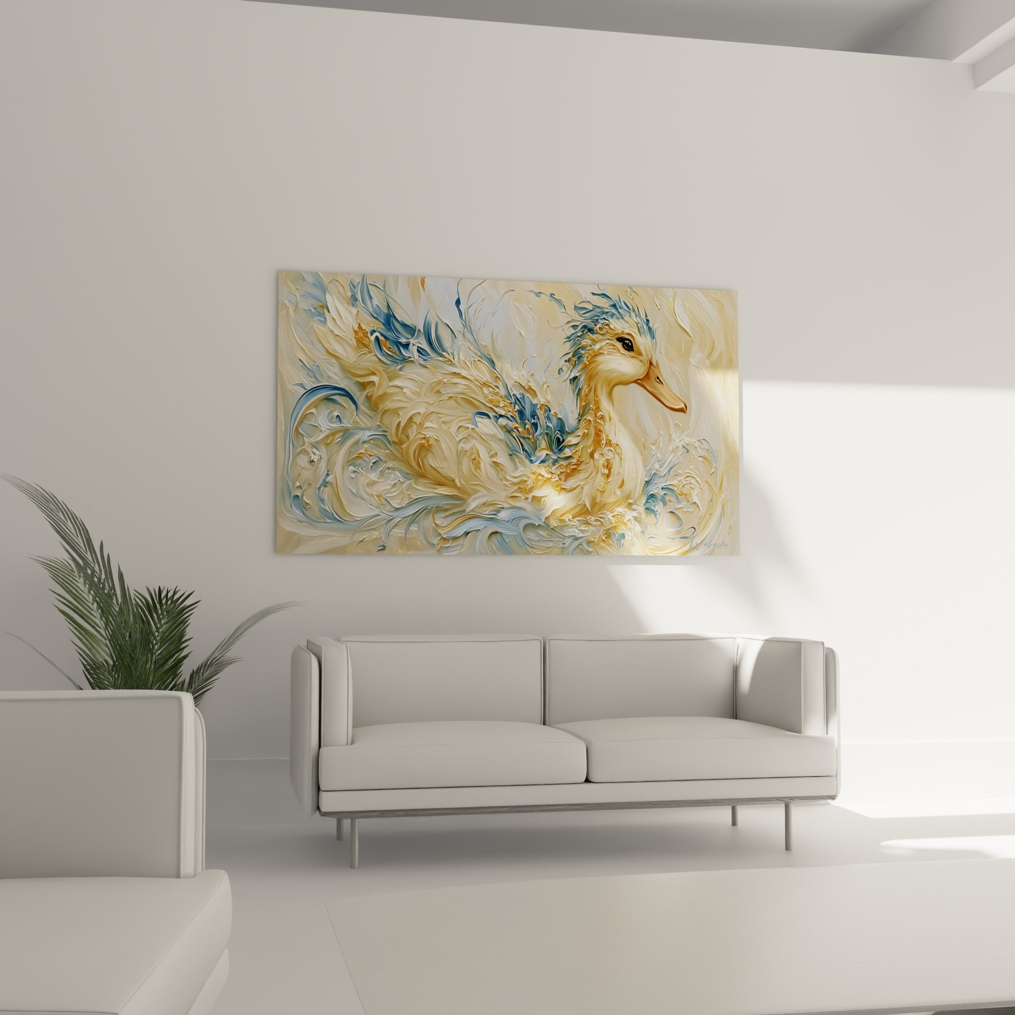 Canard aux volutes dorées et bleu pastel, suspendu au-dessus d'un canapé dans un salon lumineux