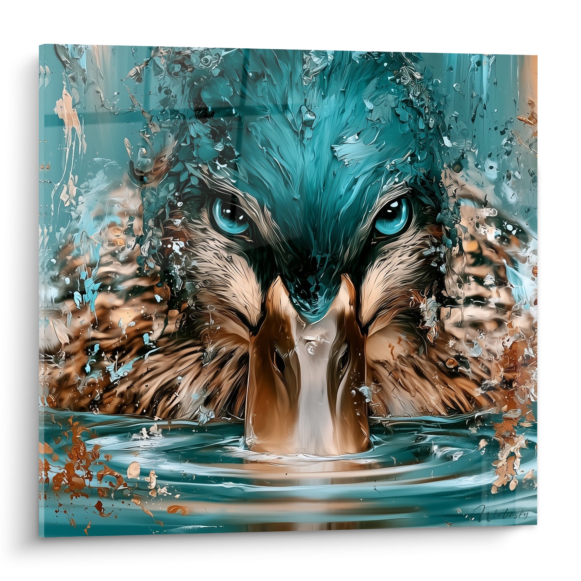 Canard aux yeux bleu perçant émerge de l'eau turquoise, plumage sarcelle et cuivré éclaté façon aquarelle