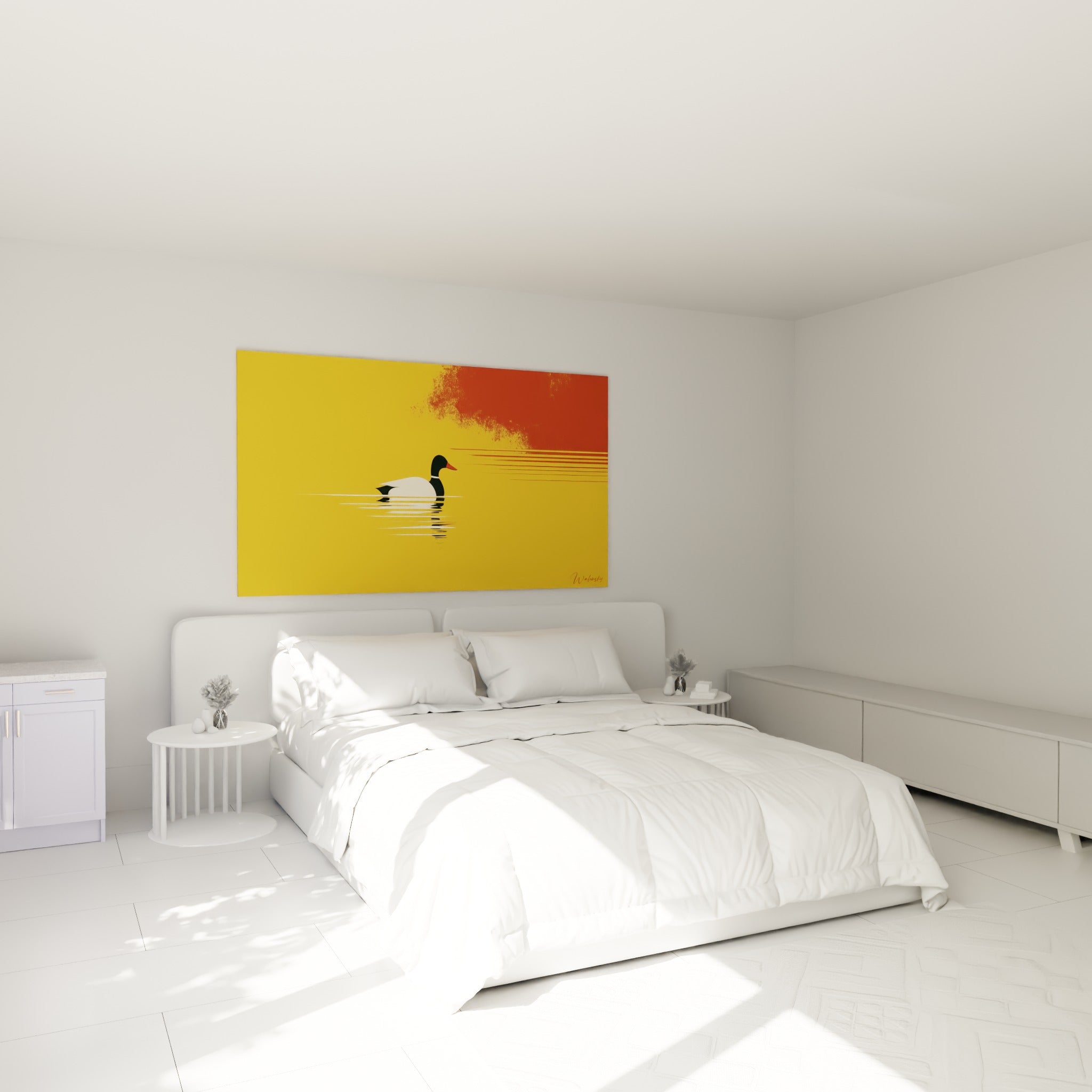 Oiseau blanc et noir nageant sur fond ocre et rouge, au-dessus d'un lit dans une chambre claire