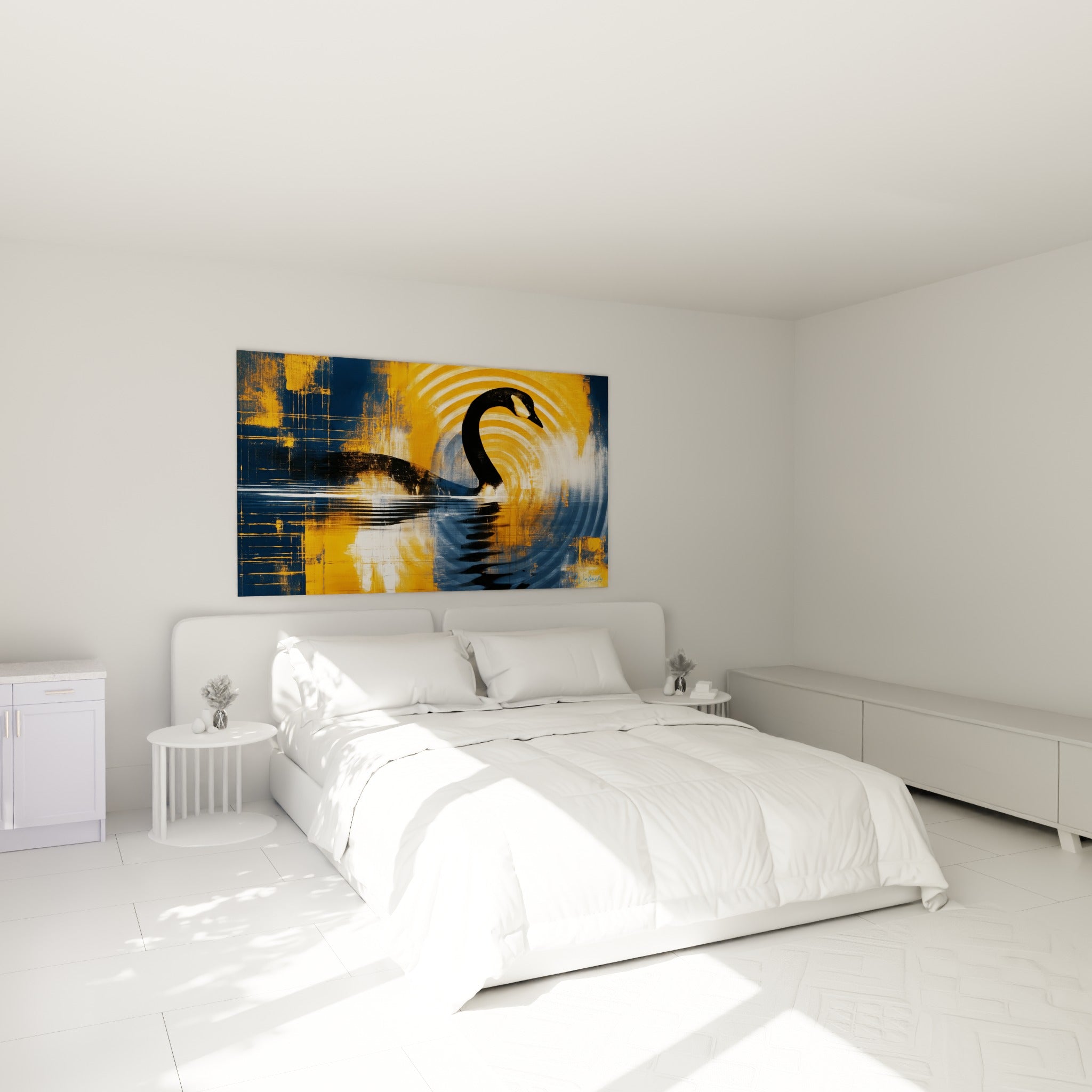 Silhouette de canard noir sur fond ocre et bleu marine, au-dessus d'un lit dans une chambre claire