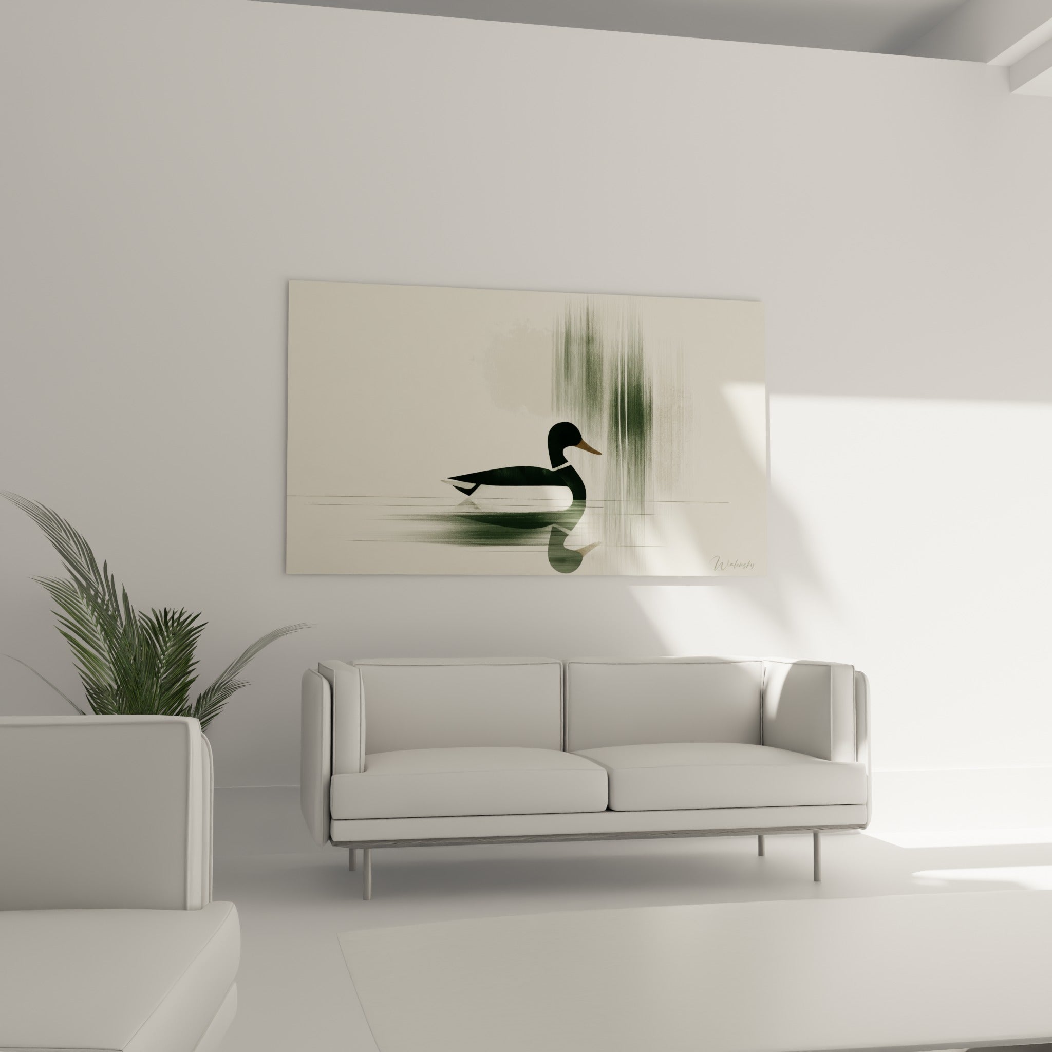 Silhouette de canard vert sombre et reflet symétrique sur eau beige, au-dessus d'un canapé dans un salon lumineux