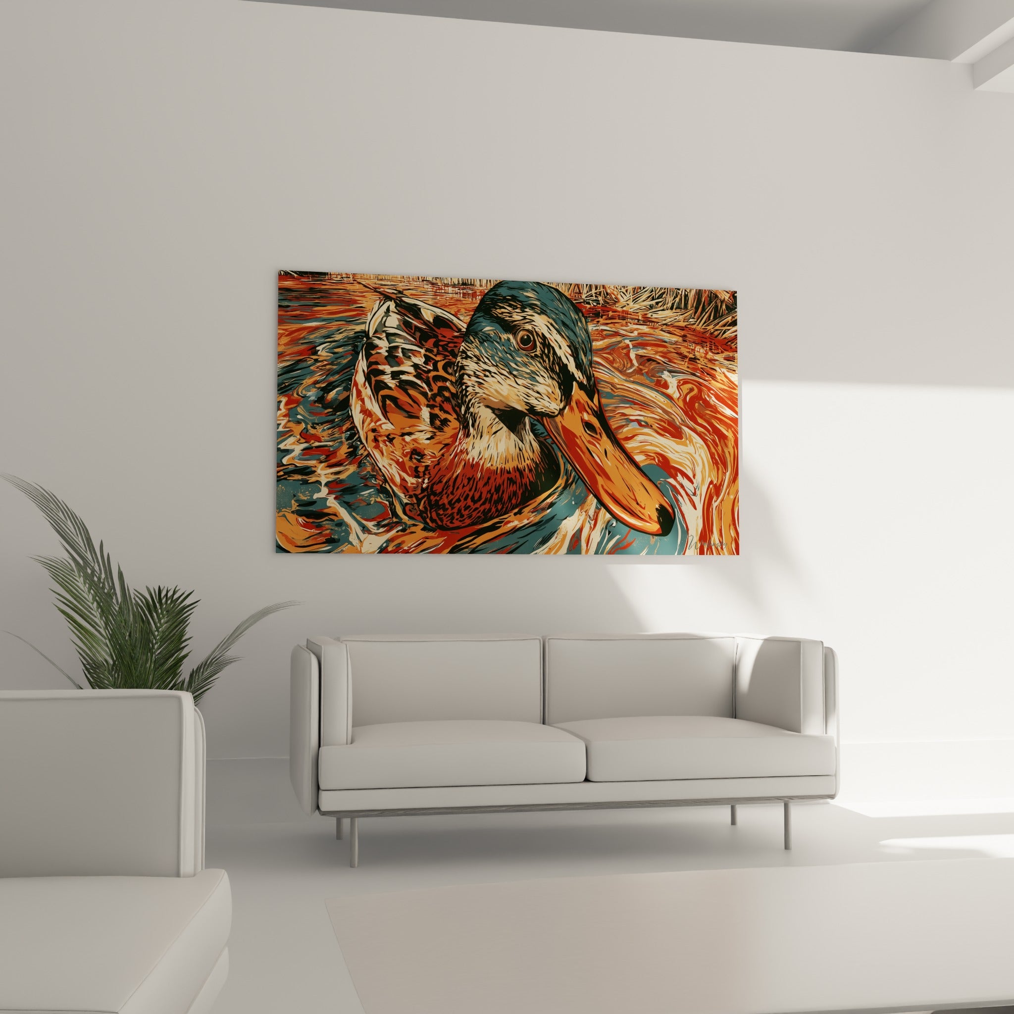Oiseau aquatique aux couleurs ocre et bleu marine suspendu au-dessus d'un canapé dans un salon lumineux