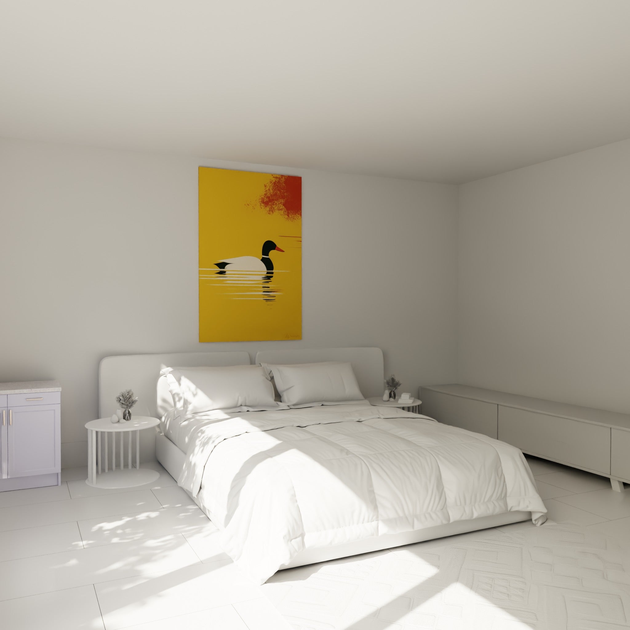 Canard blanc et noir glissant sur eau jaune, accroché au-dessus d'un lit dans une chambre claire