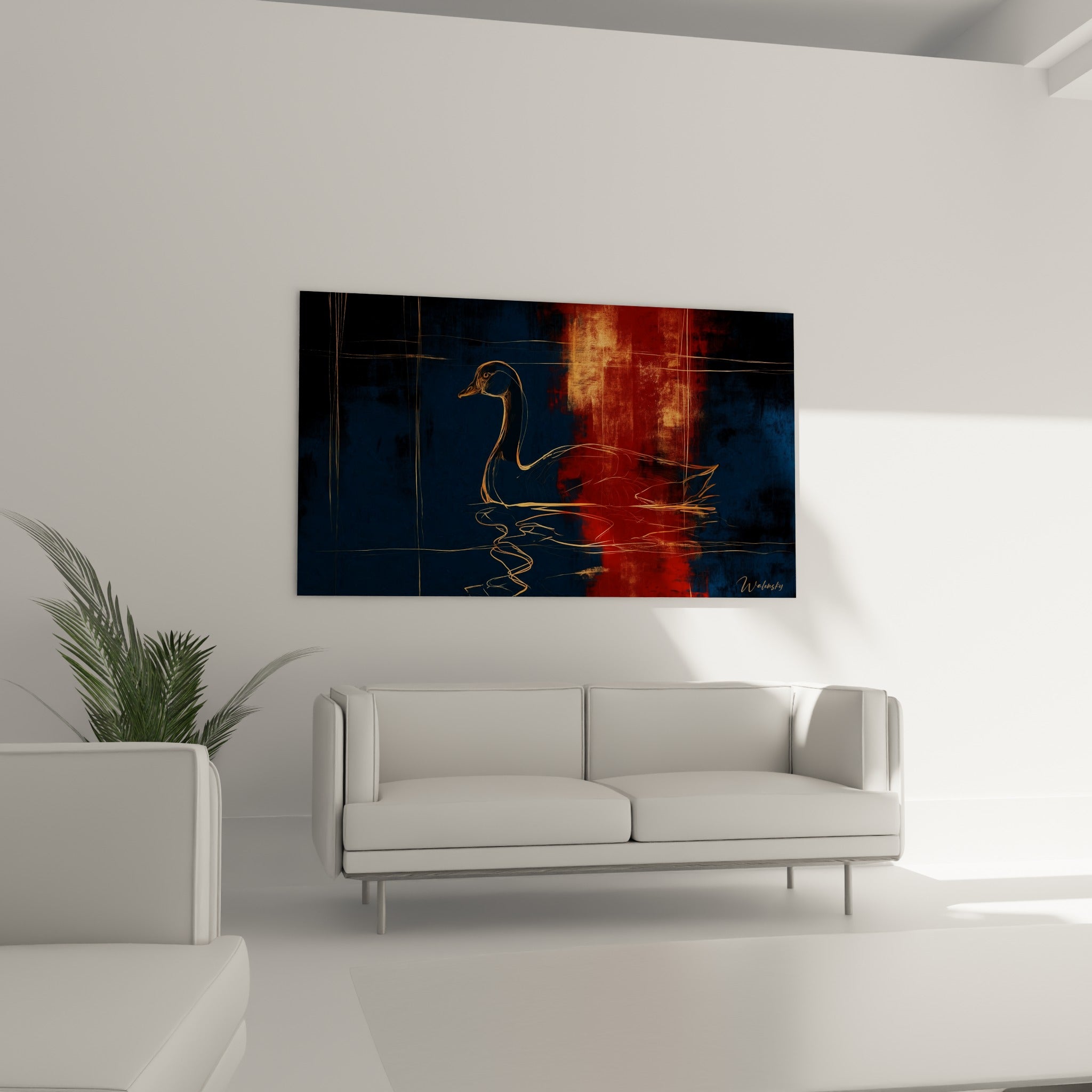 Trait doré du canard sur fond terracotta et bleu marine au-dessus d'un canapé dans un salon lumineux