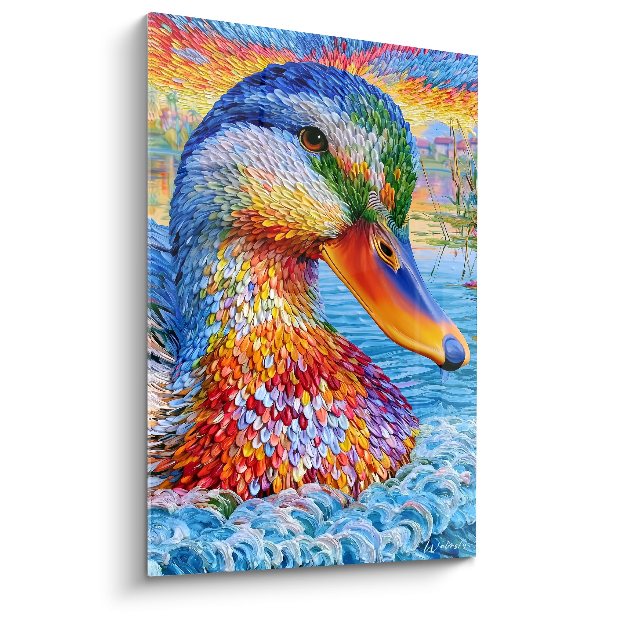 Canard à tête bleue et cou orangé, plumage multicolore texturé face à un lac lumineux