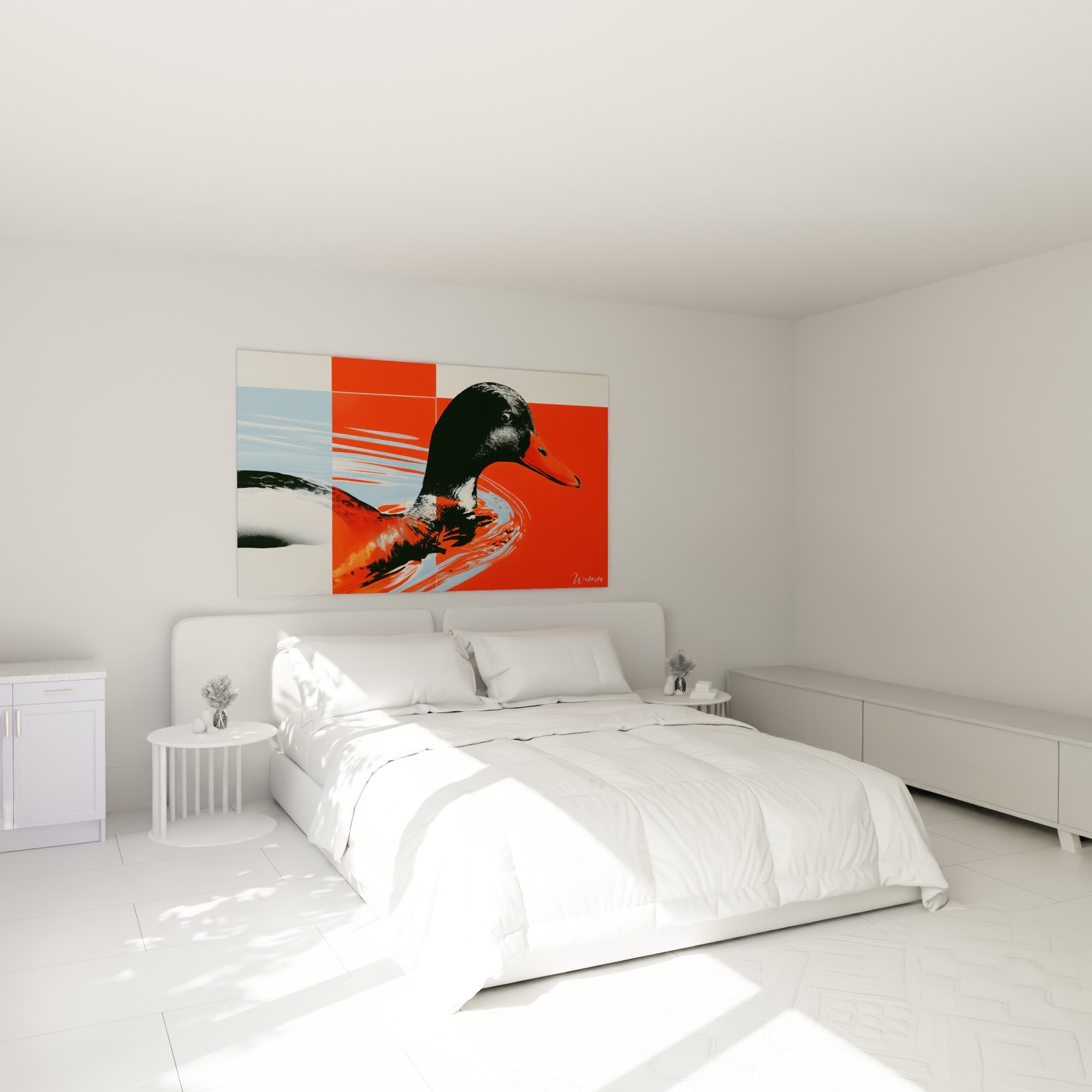 Canard orange et anthracite sur blocs colorés, au-dessus d'un lit dans une chambre claire