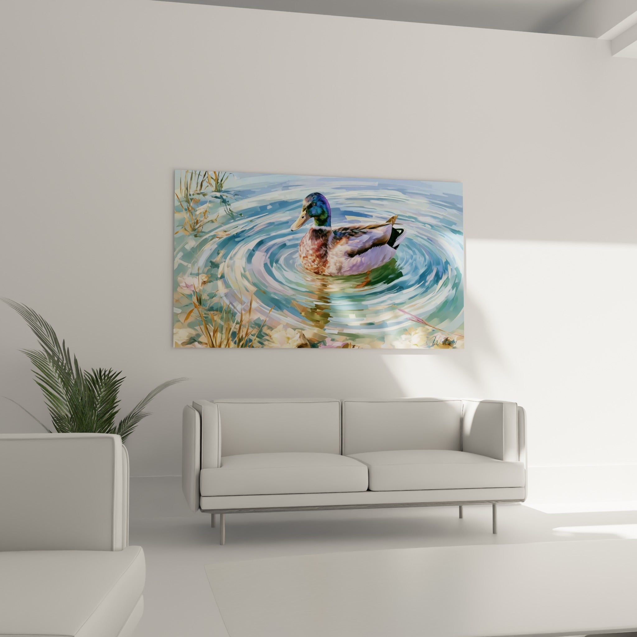 Plumage vert irisé et roux du canard flottant sur l'eau, au-dessus d'un canapé dans un salon lumineux