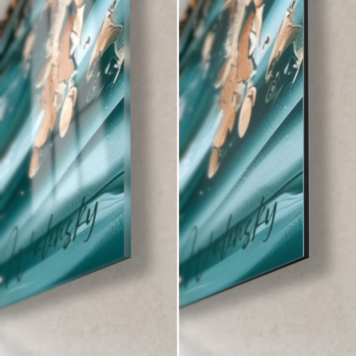 Quadro uccello acquatico blu petrolio, angolo in basso a destra: vetro acrilico lucido a sinistra, Dibond opaco a destra, bordo da 3 mm