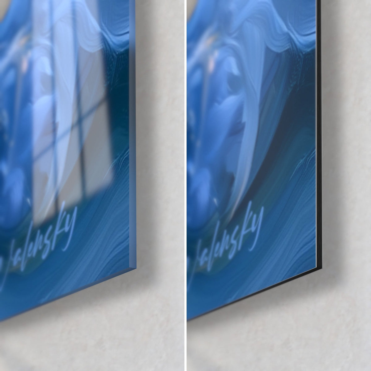 Tableau canard bleu marine et or, coin bas droit : verre acrylique brillant reflétant, alu Dibond mat, tranche de 3 mm