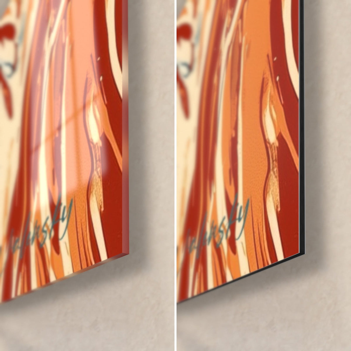 Tableau canard à l'onde rouille et crème, coin bas droit : verre acrylique brillant à gauche, alu Dibond mat à droite, tranche de 3 mm