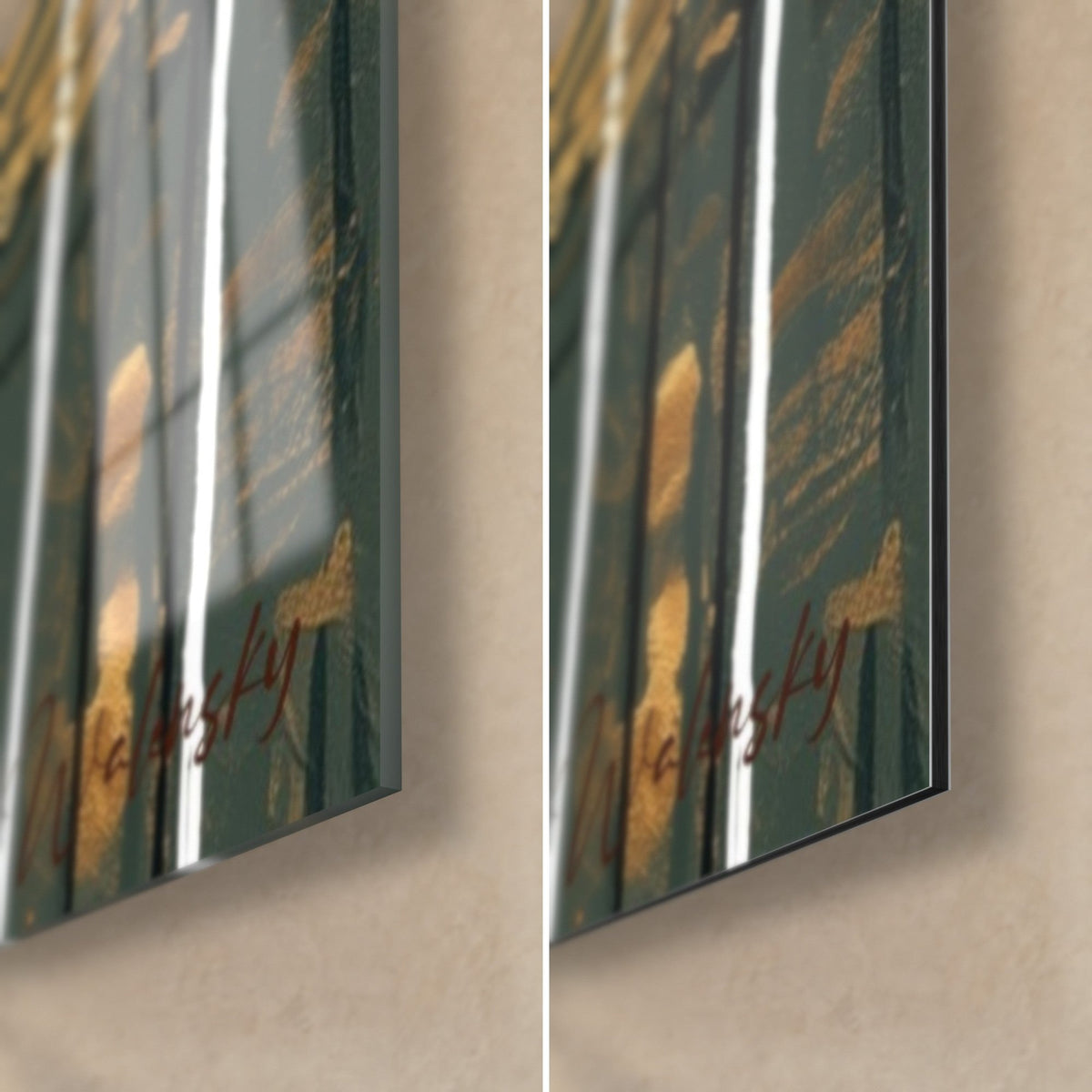 Tableau cygne en peinture dorée et bordeaux, coin bas droit : verre brillant à gauche, Dibond mat à droite, tranche noire de 3 mm