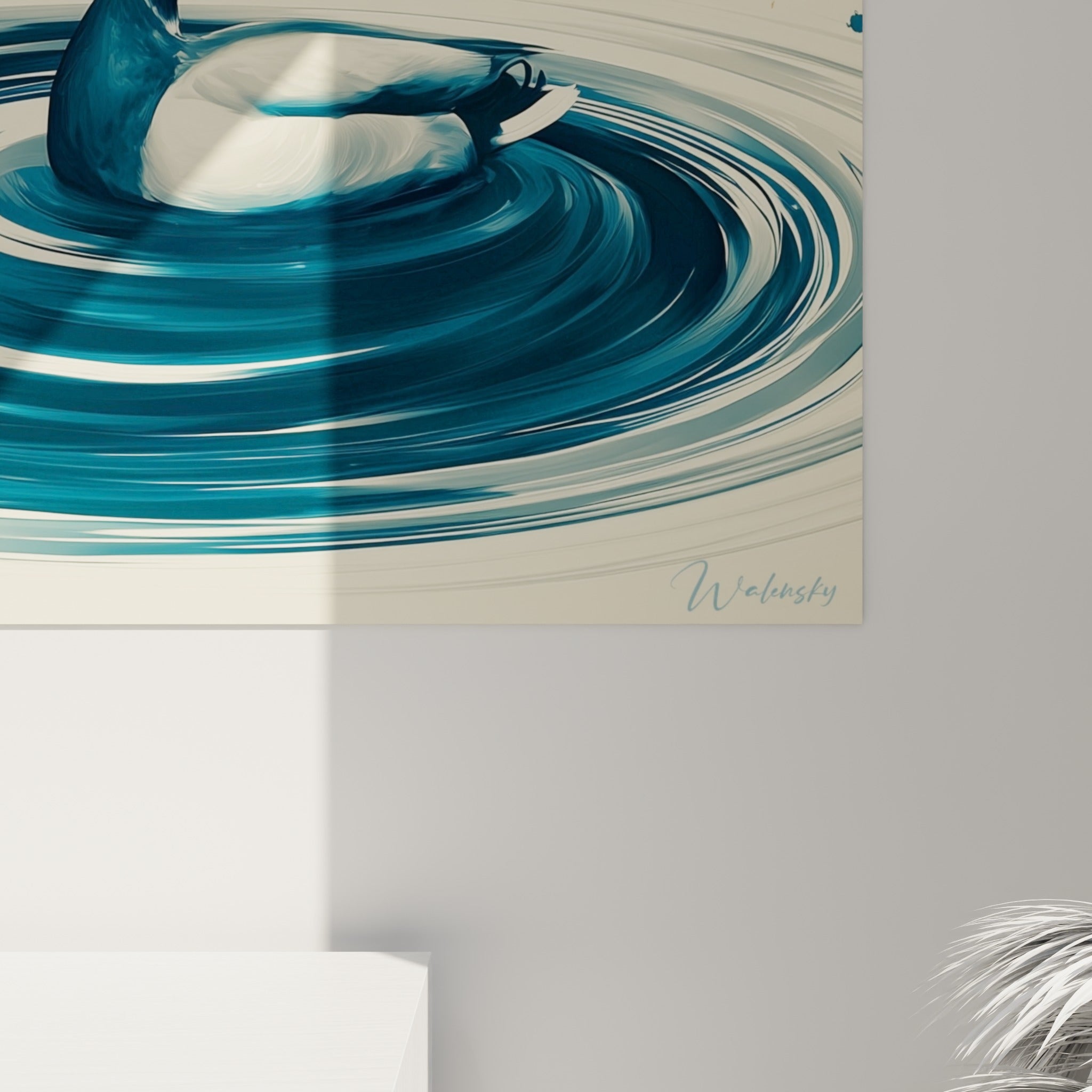 Empâtements bleu pétrole et coulures dorées visibles de près sur la toile représentant le canard