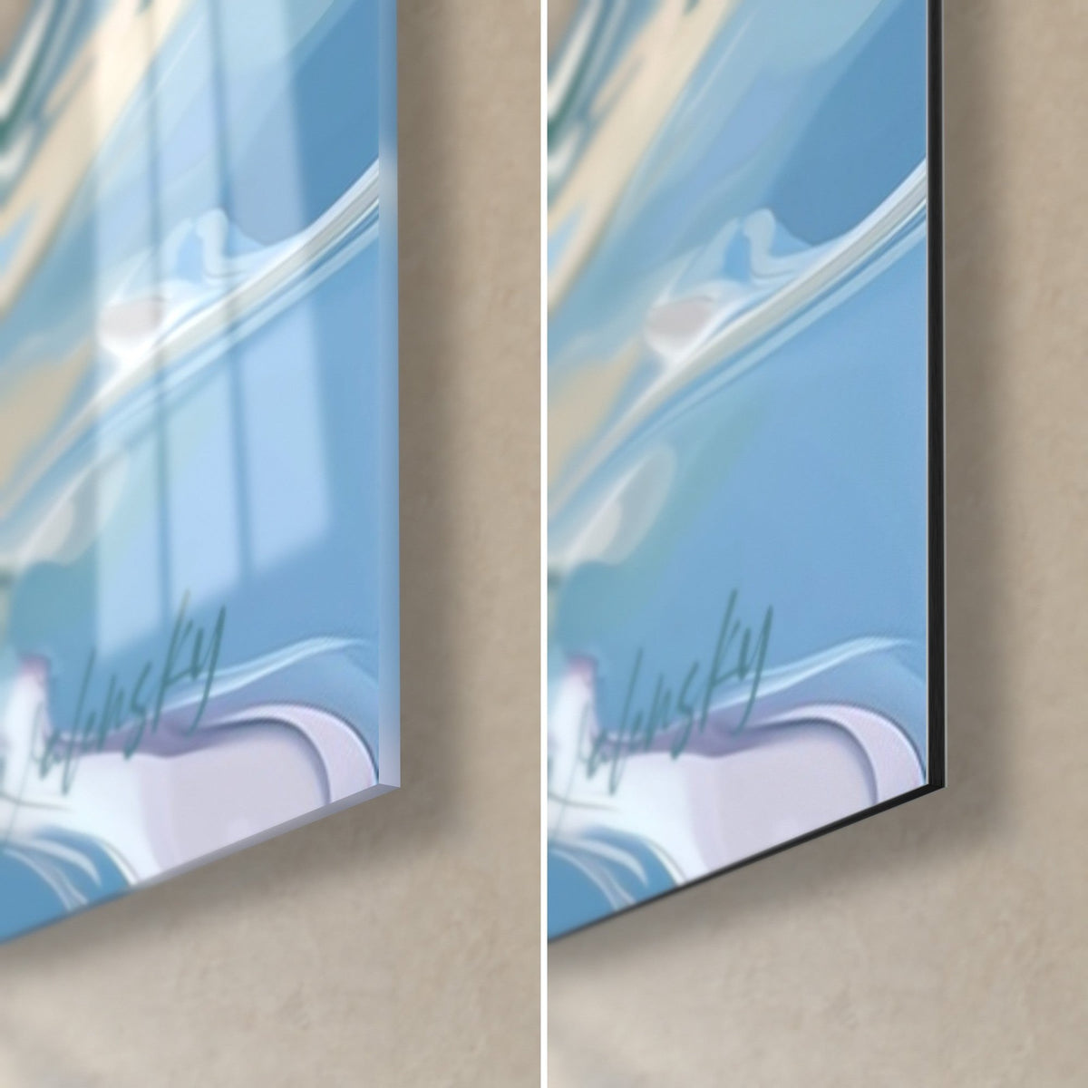 Tableau canard nageant aux reflets bleu et rose, coin bas droit : verre brillant à gauche, Dibond noir mat à droite