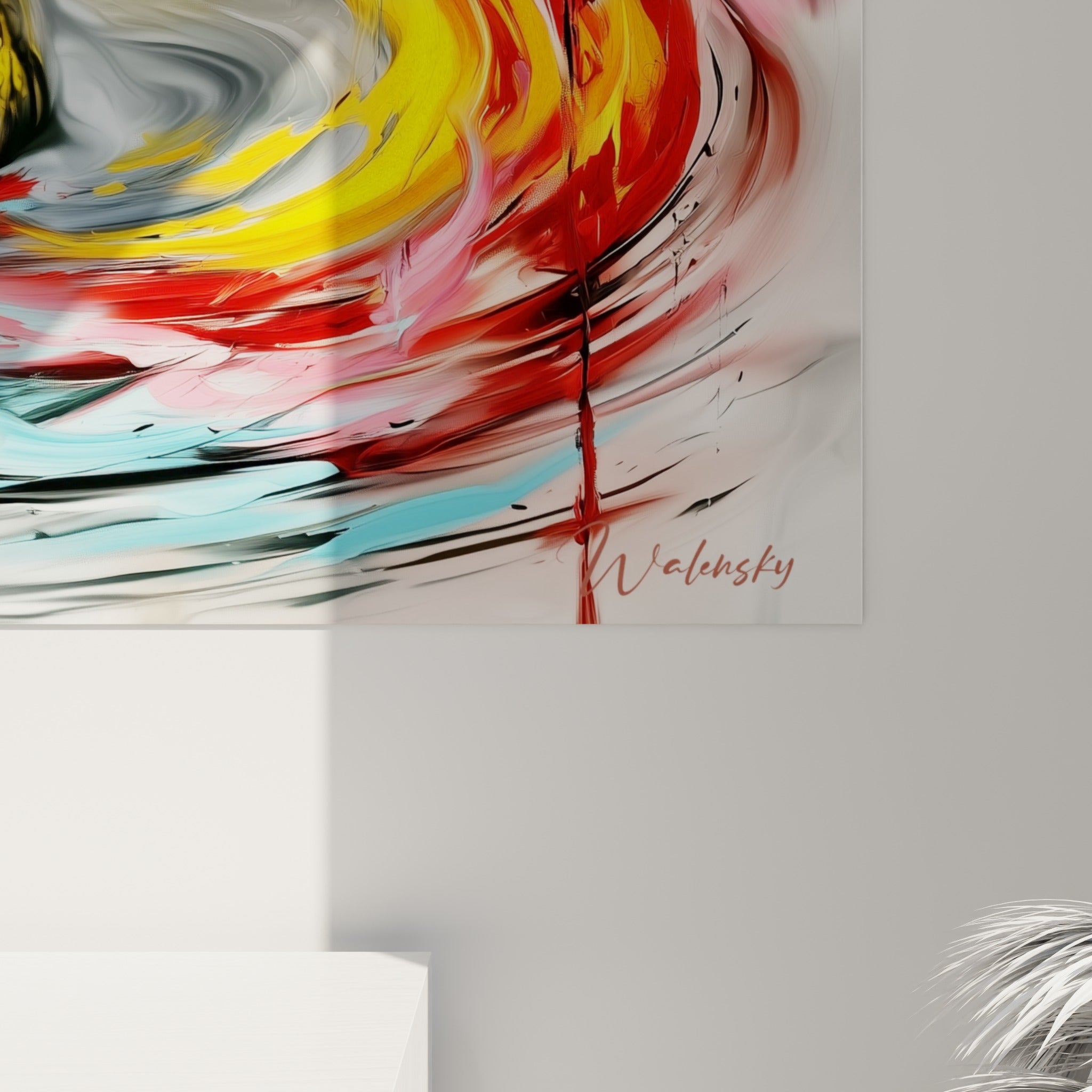 Empâtements rouge, jaune et turquoise se mêlant aux coulures noires sur la texture rapprochée de la toile