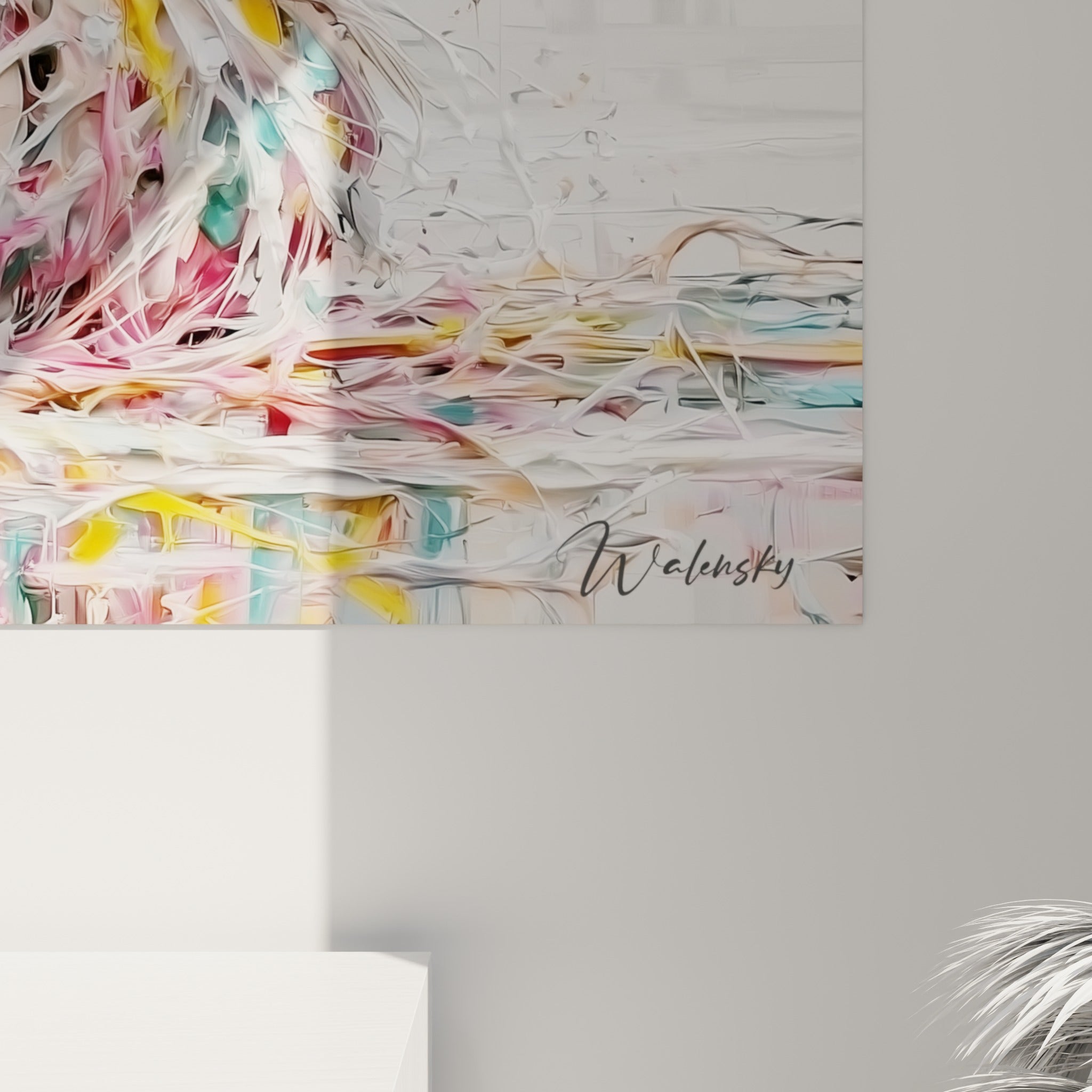 Matière picturale du canard révélant empâtements blancs, coulures roses et fils dorés entremêlés