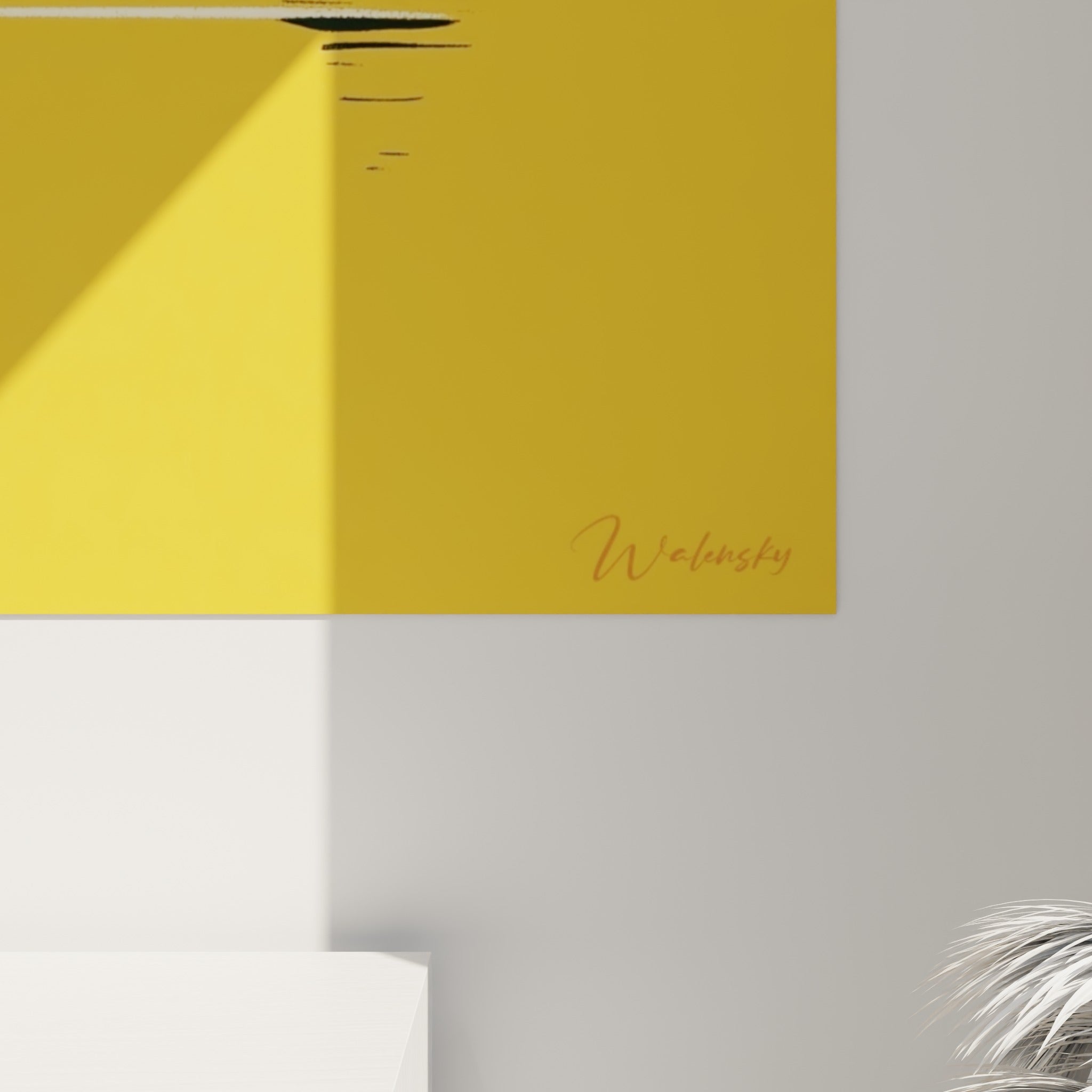 Détail des traits blancs texturés et du grain sérigraphié sur le fond jaune et rouge terracotta du tableau