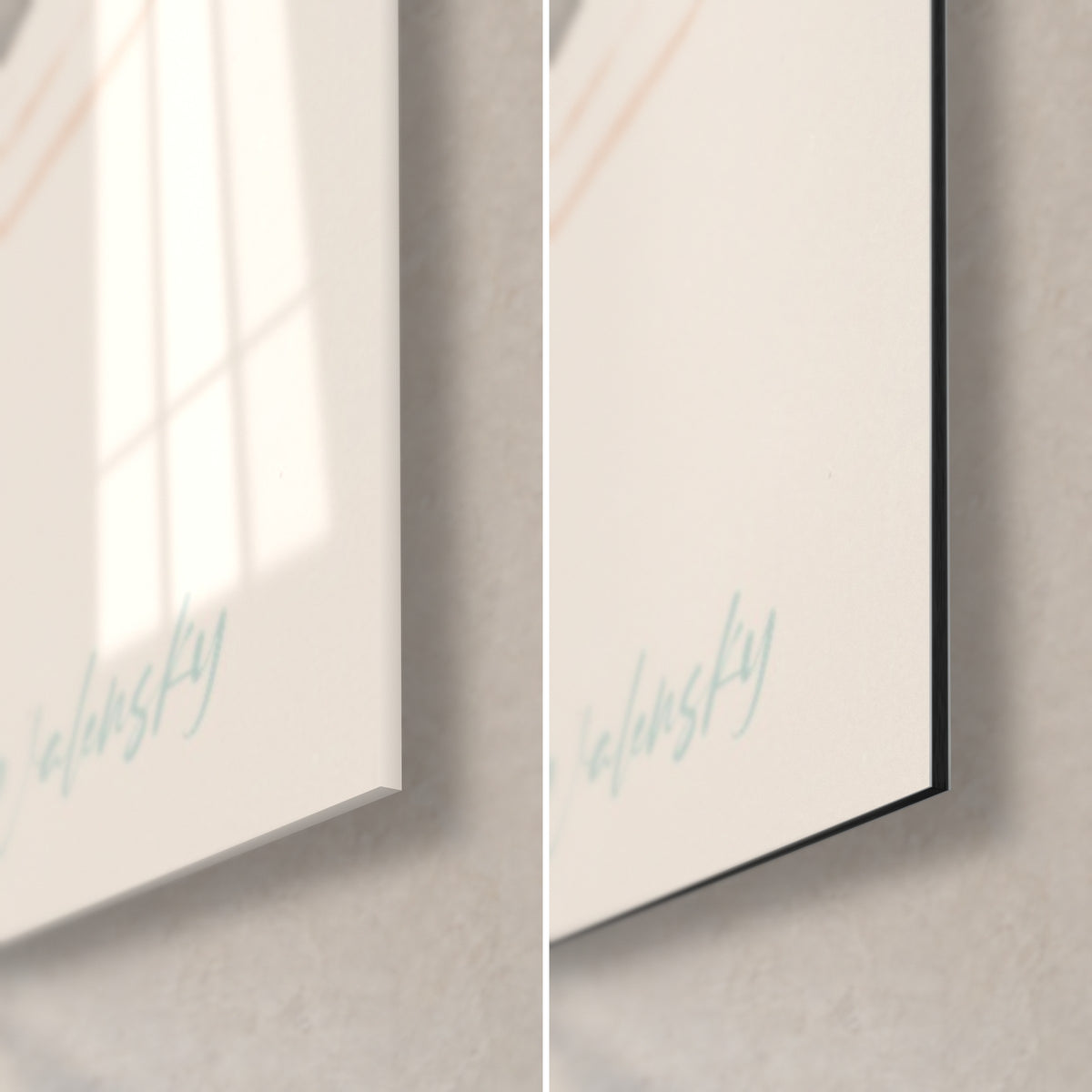 Wall art of a swimming duck, bottom right corner: glossy glass with window reflections, matt black Dibond, turquoise signature, 3 mm thickness