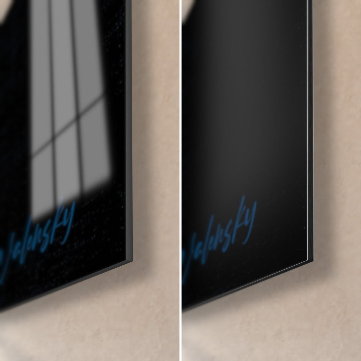 Tableau oiseau d'eau sur bleu nuit, coin bas droit : verre acrylique brillant à gauche, alu Dibond noir mat à droite, tranche de 3 mm