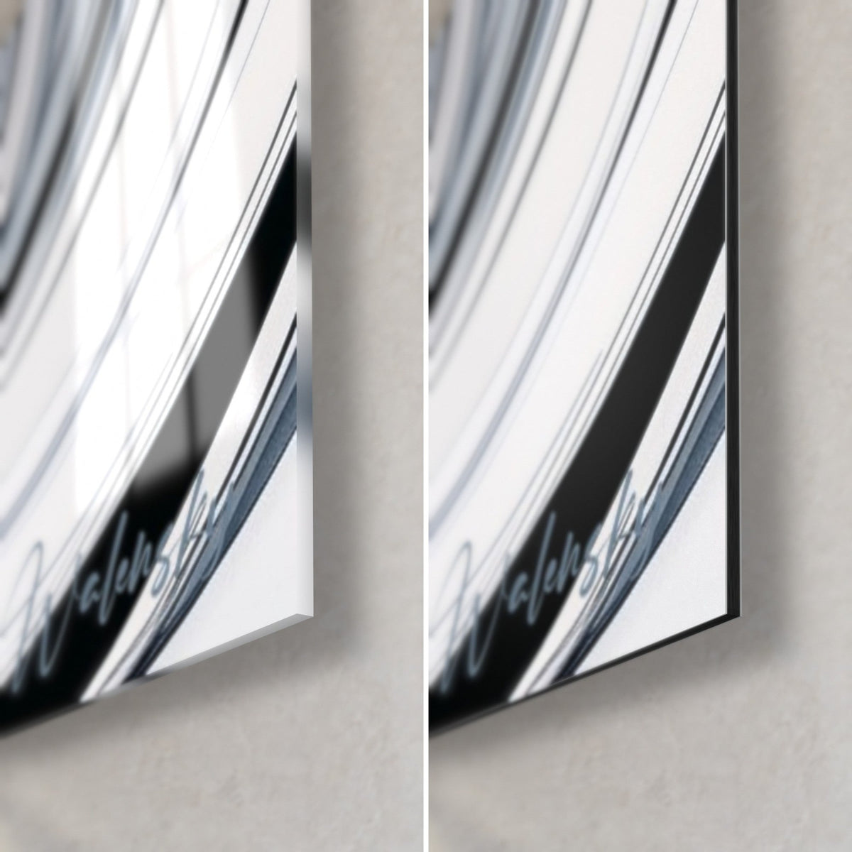 Tableau palmipède blanc et noir, coin bas droit : verre acrylique brillant à gauche, Dibond mat à droite, tranche de 3 mm