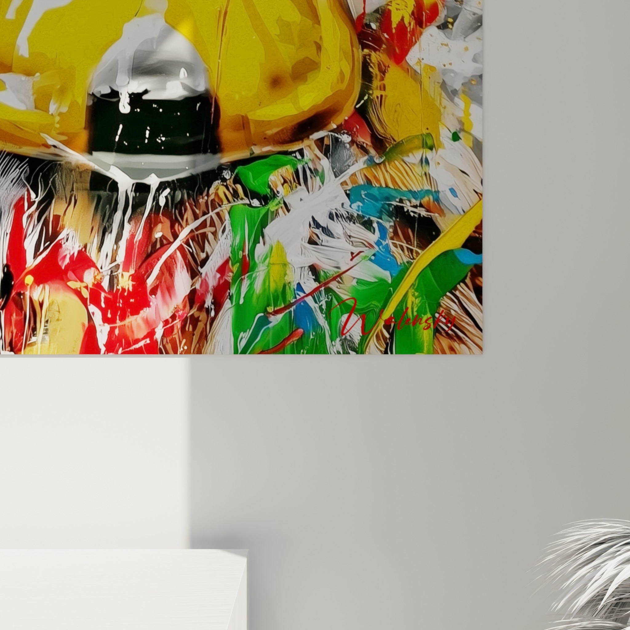Empâtements et coulures de peinture jaune, rouge et verte visibles de près sur la toile du canard