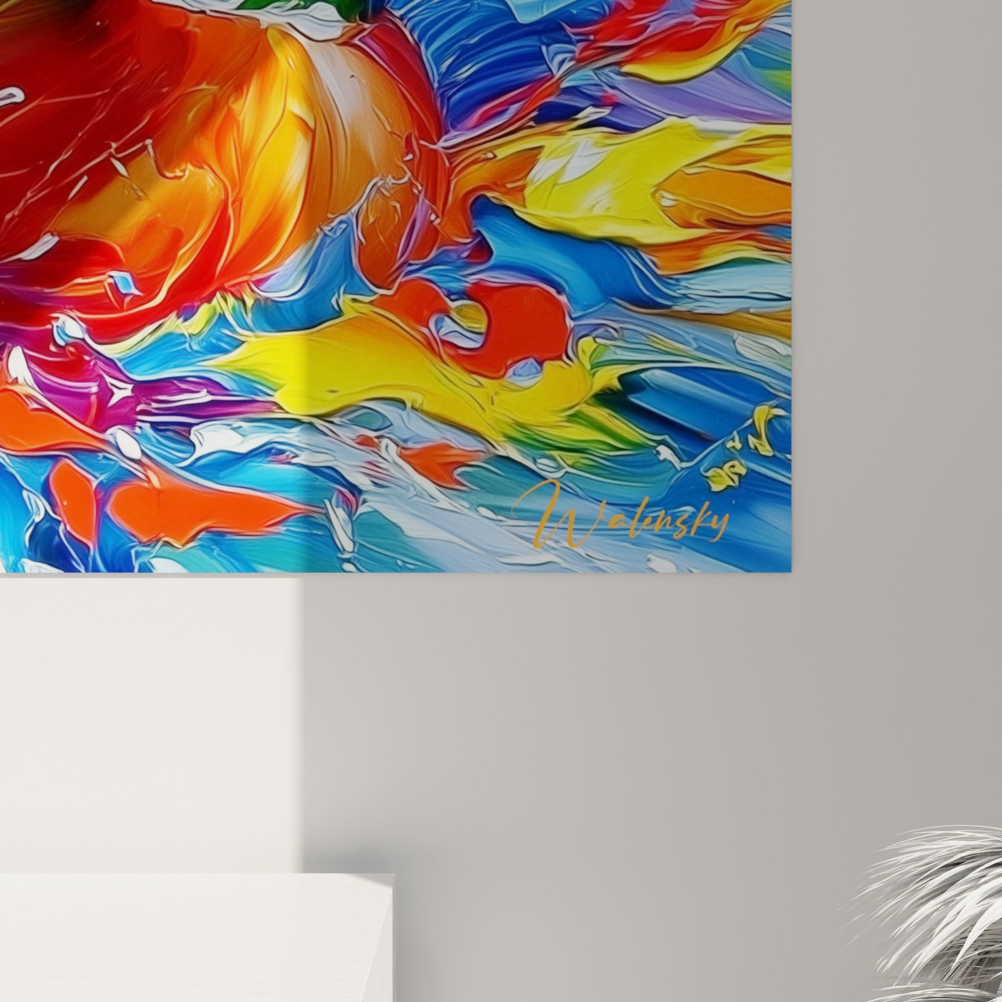 Empâtements colorés en rouge et bleu révélant la matière épaisse de la peinture sur cette œuvre