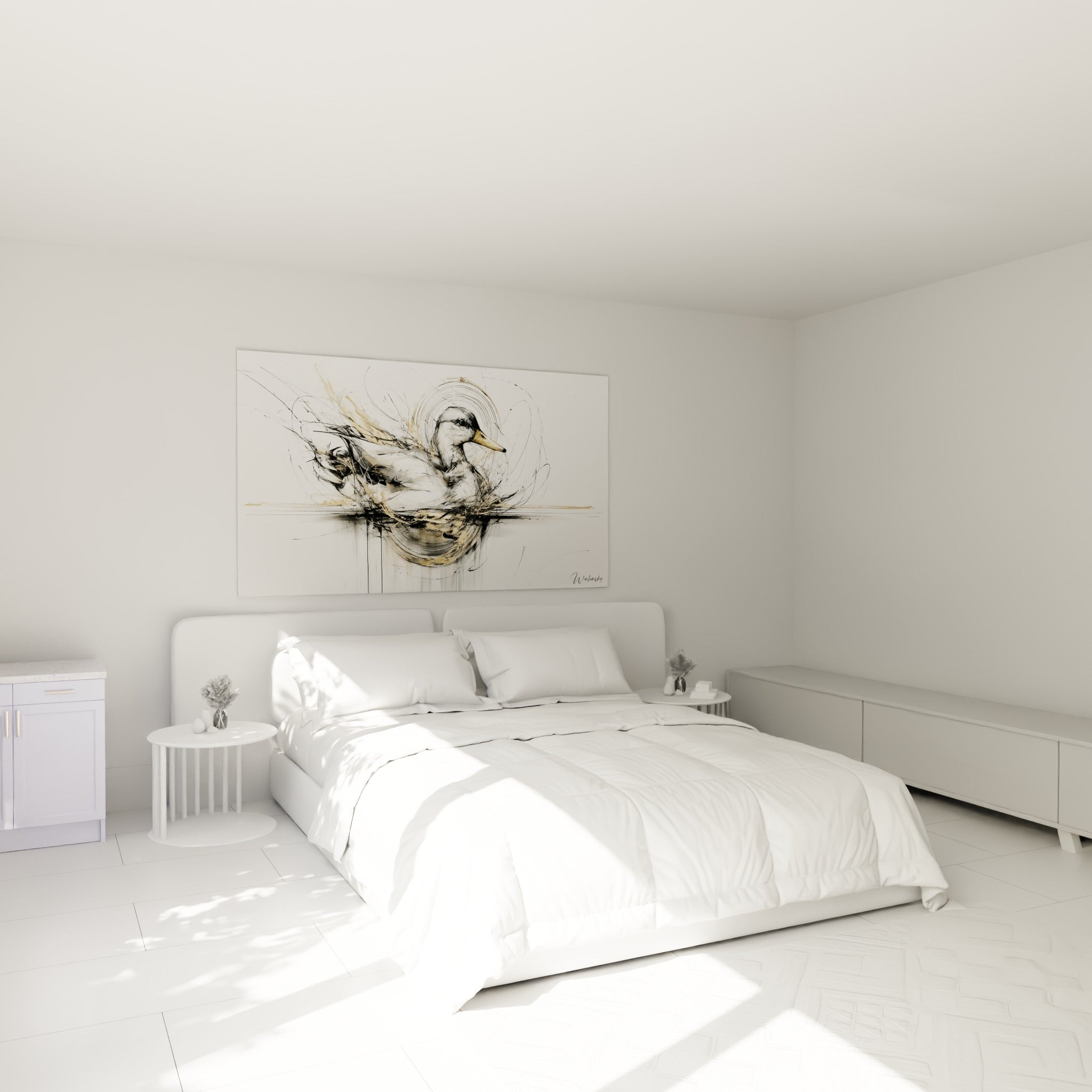 Silhouette de canard aux traits anthracite et dorés au-dessus d'un lit dans une chambre claire
