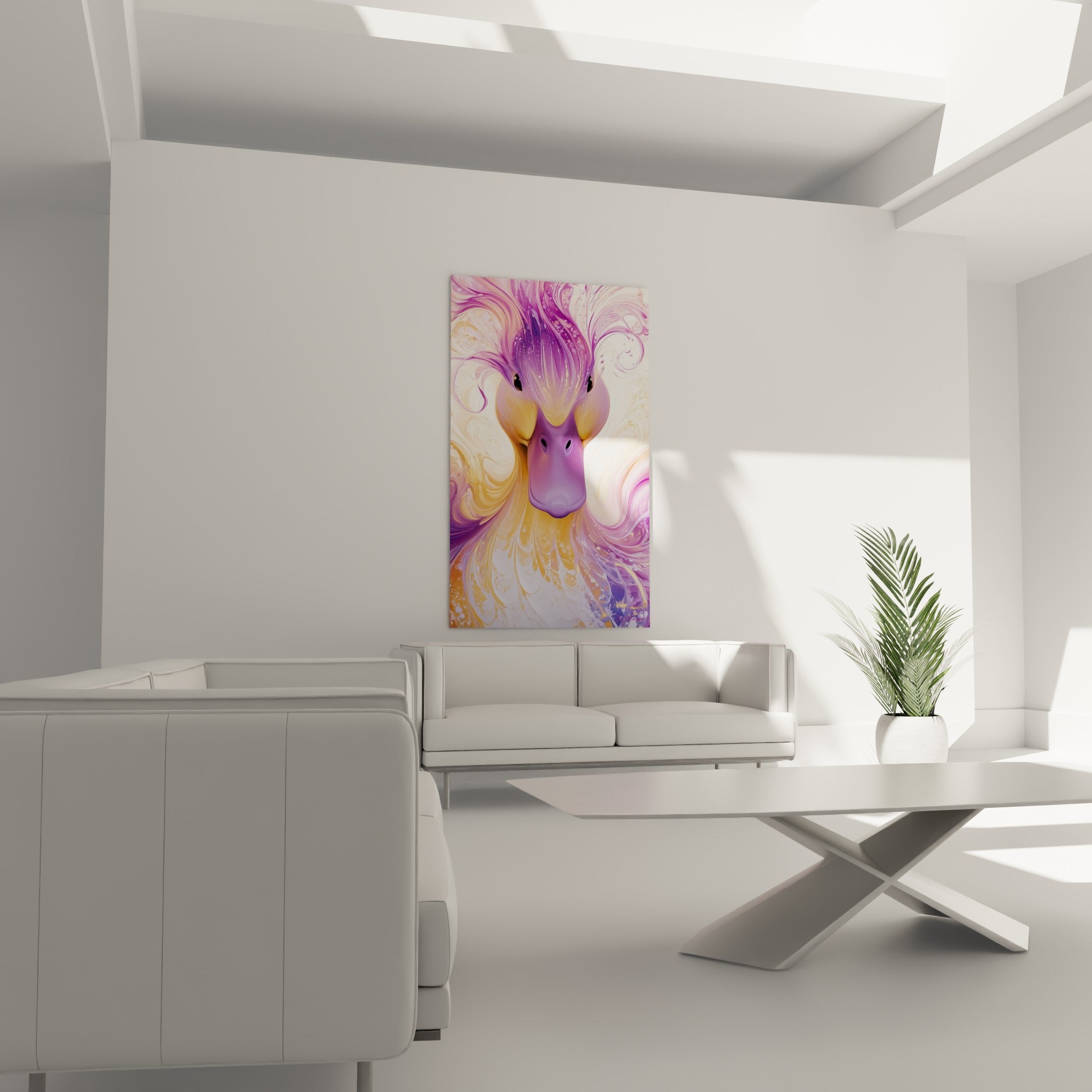 Canard mauve et or aux volutes tourbillonnantes, au-dessus d'un canapé dans un salon lumineux