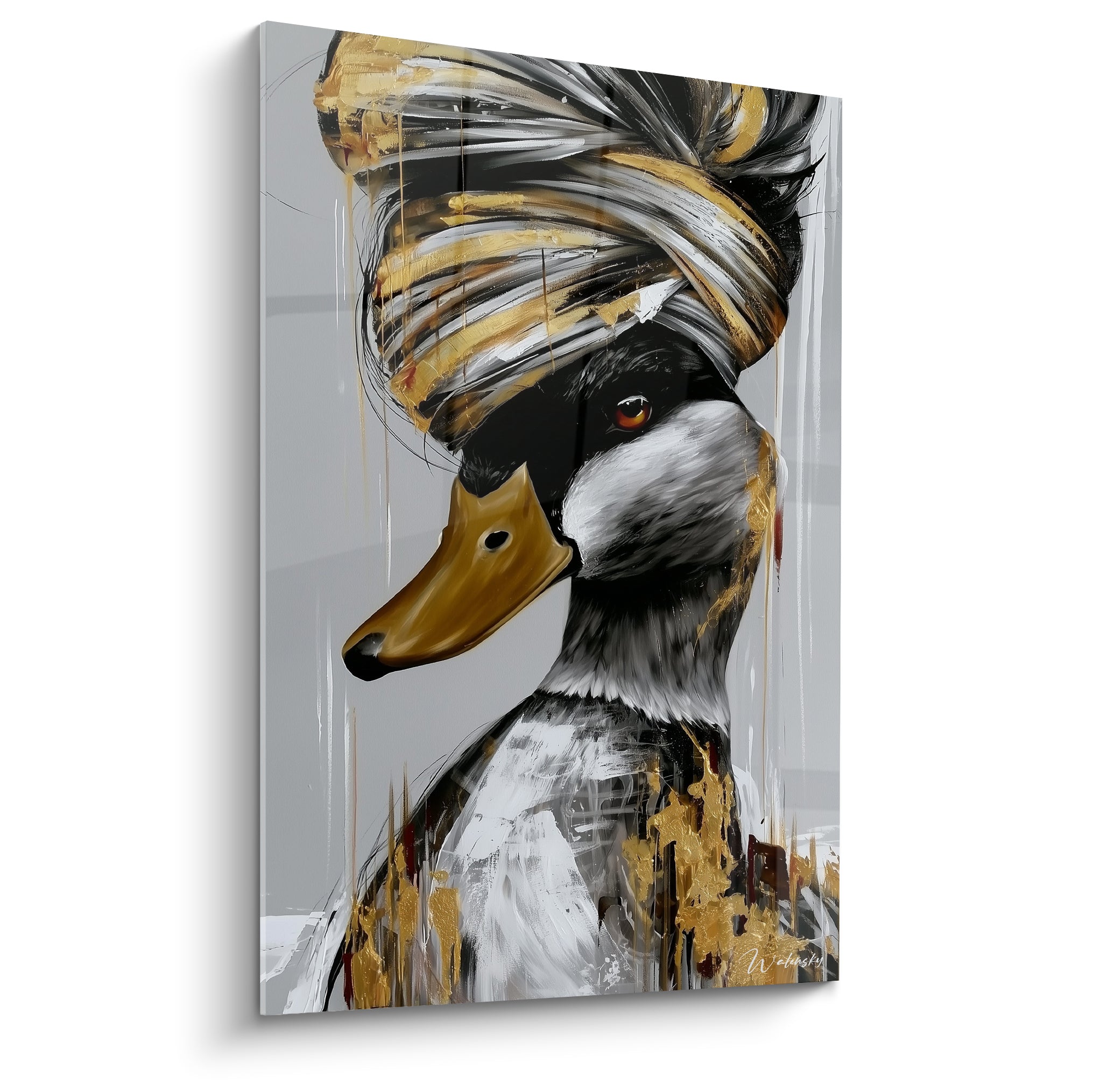 Canard au turban noir et doré, bec jaune vif, fond gris texturé et coulures peintes