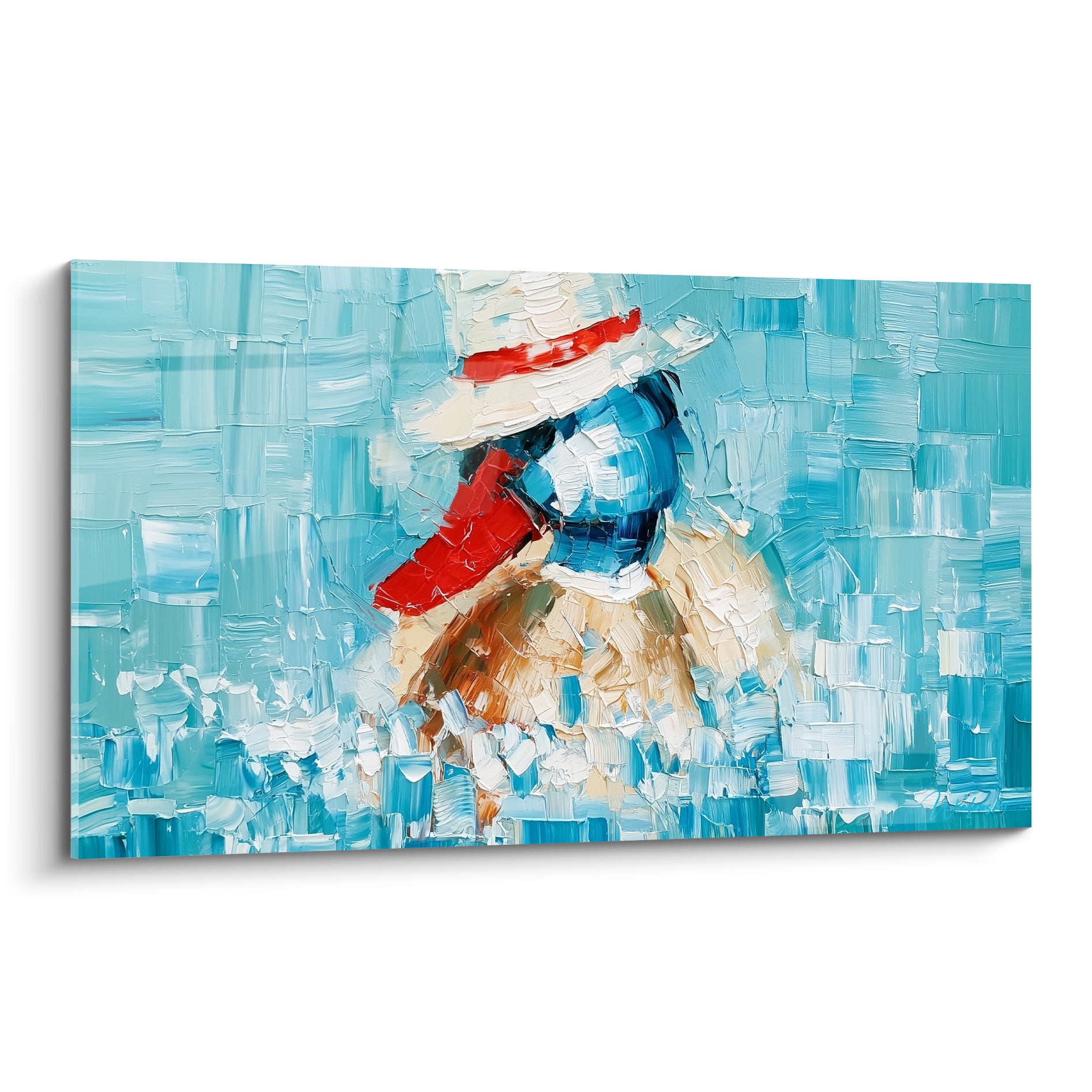 Canard au bec rouge vif se détache sur un fond turquoise et blanc texturé au couteau