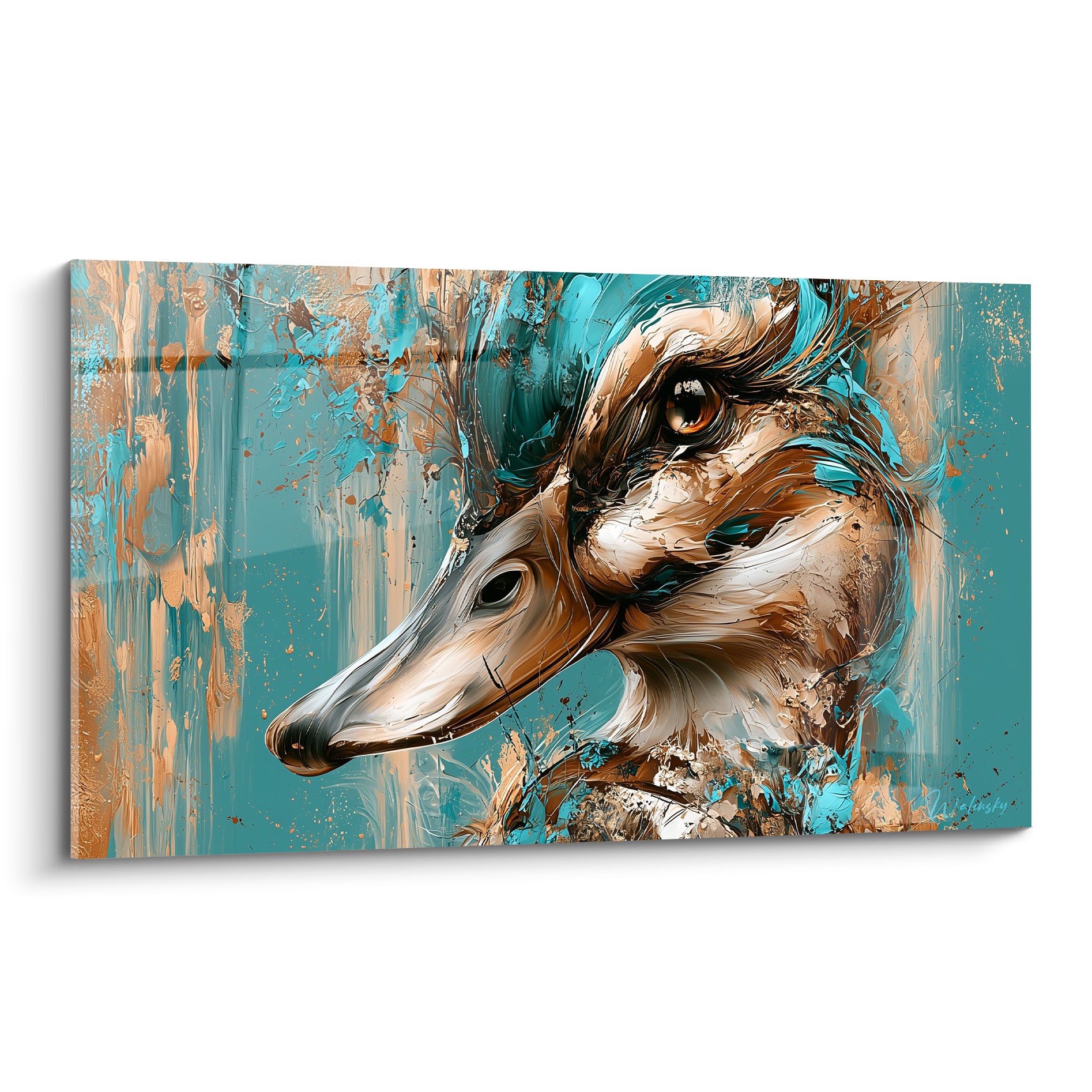 Canard au bec allongé, plumage bronze et fond turquoise, œil doré perçant, style pictural éclaté