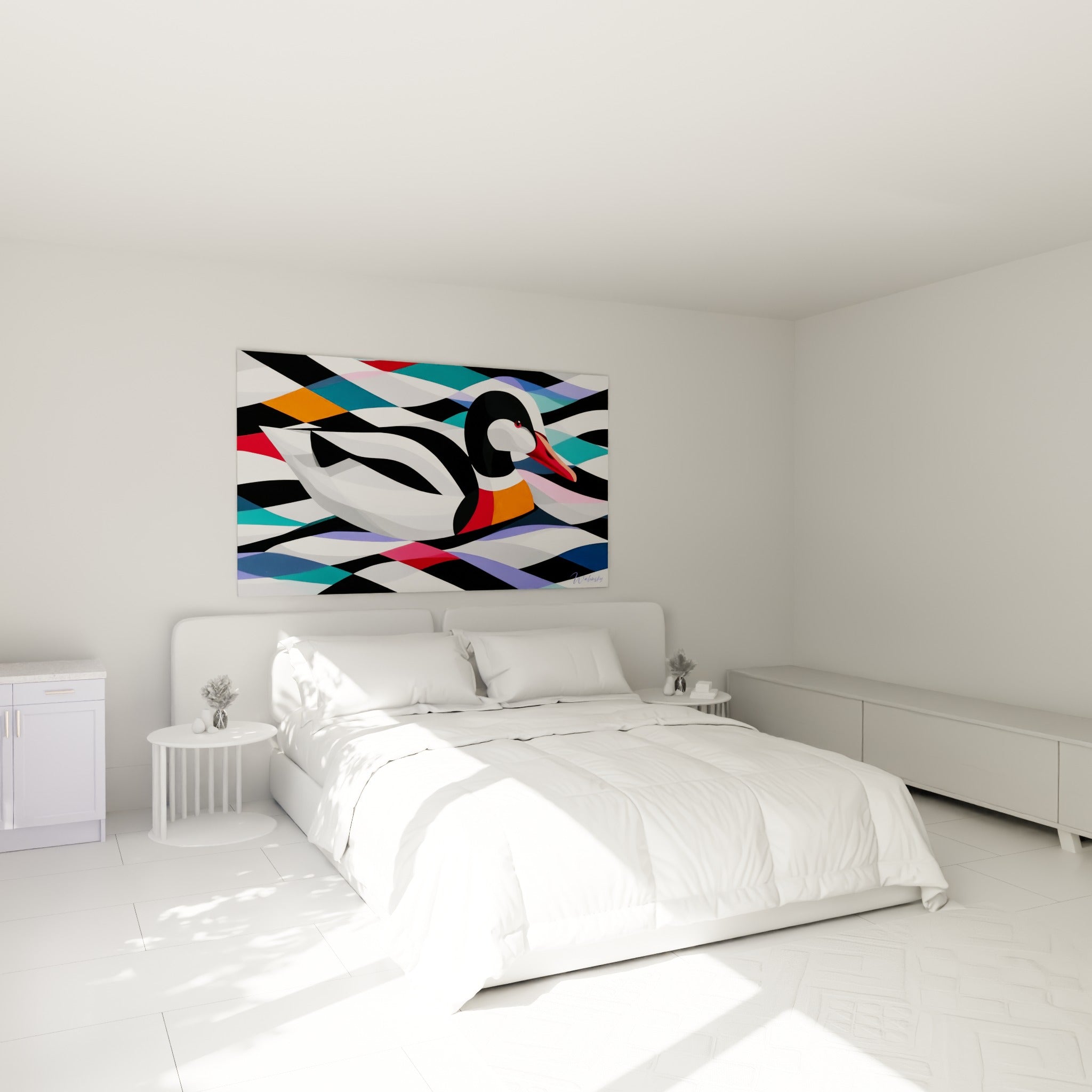 Silhouette de canard aux couleurs turquoise et corail suspendue au-dessus d'un lit dans une chambre claire
